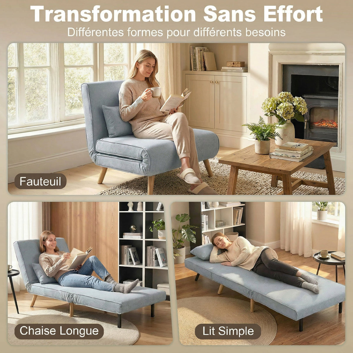 3-in-1 slaapfauteuil, eenpersoons slaapstoel, verstelbare rugleuning in 5 posities, stof, met kussen, grijs