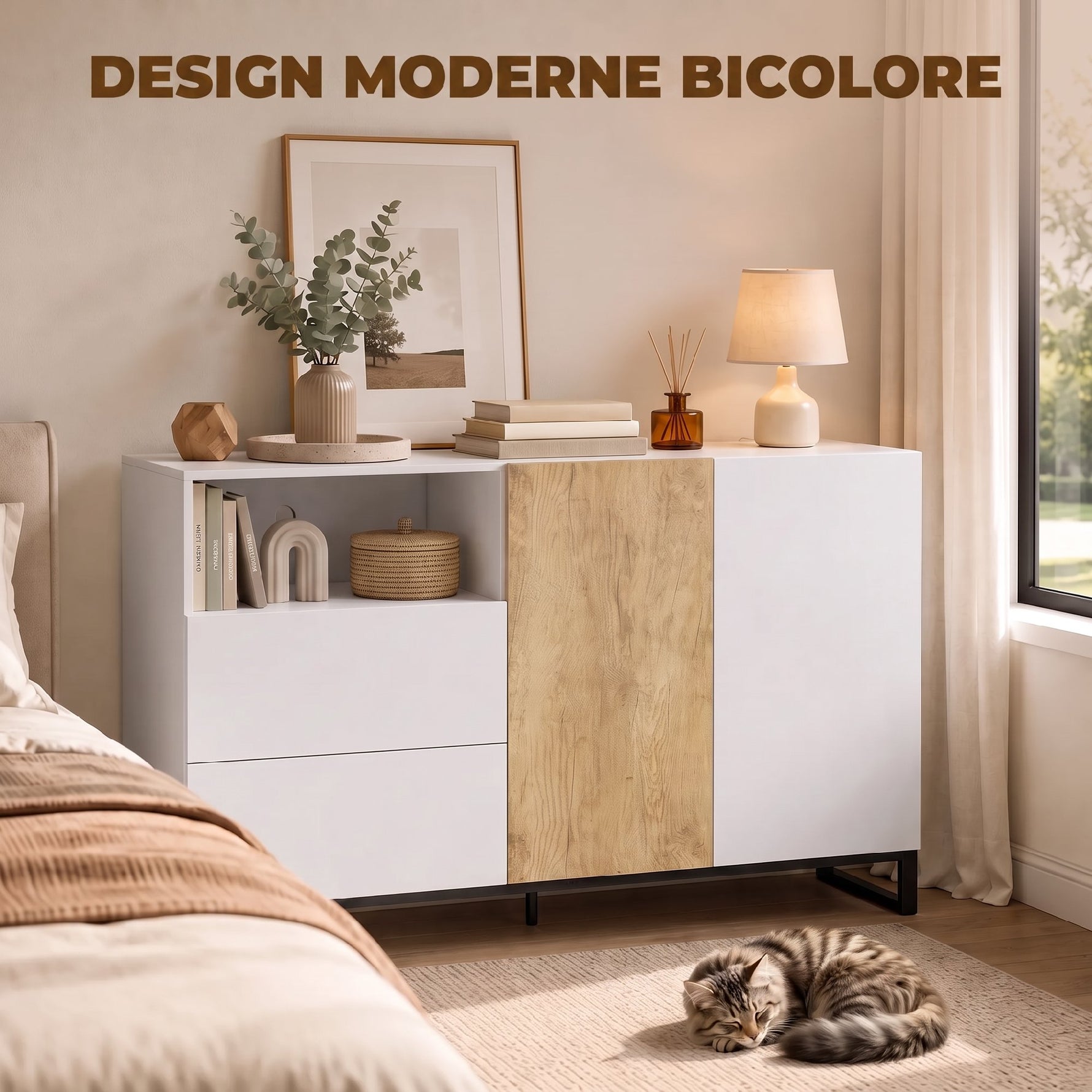 Buffet salon, meuble de rangement avec 2 portes à fermeture douce, 2 tiroirs et étagère réglable, blanc et chêne
