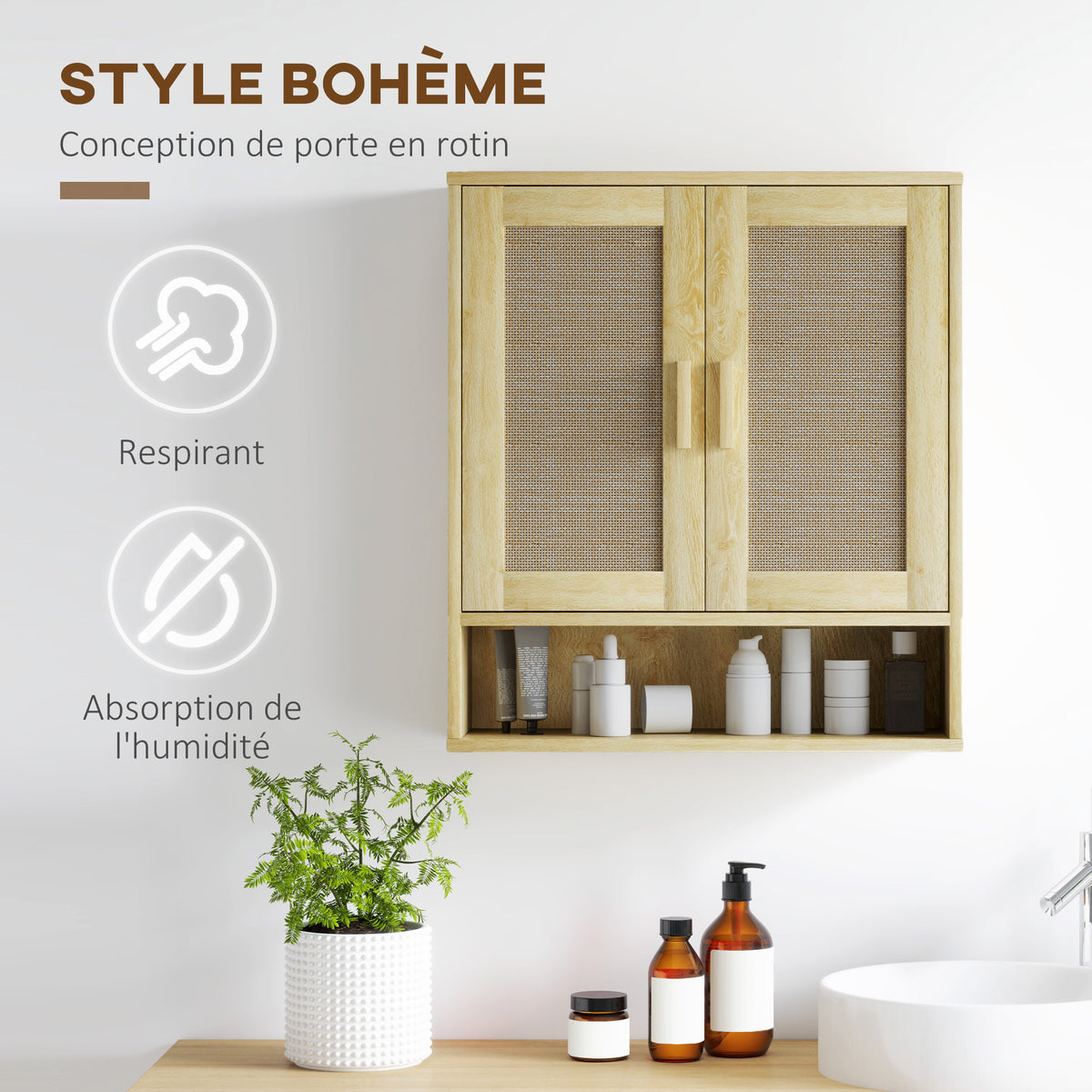 Mobiletto da bagno pensile, mobile WC sospeso con doppia anta e ripiano a giorno 59 x 20 x 66,5 cm effetto legno di quercia