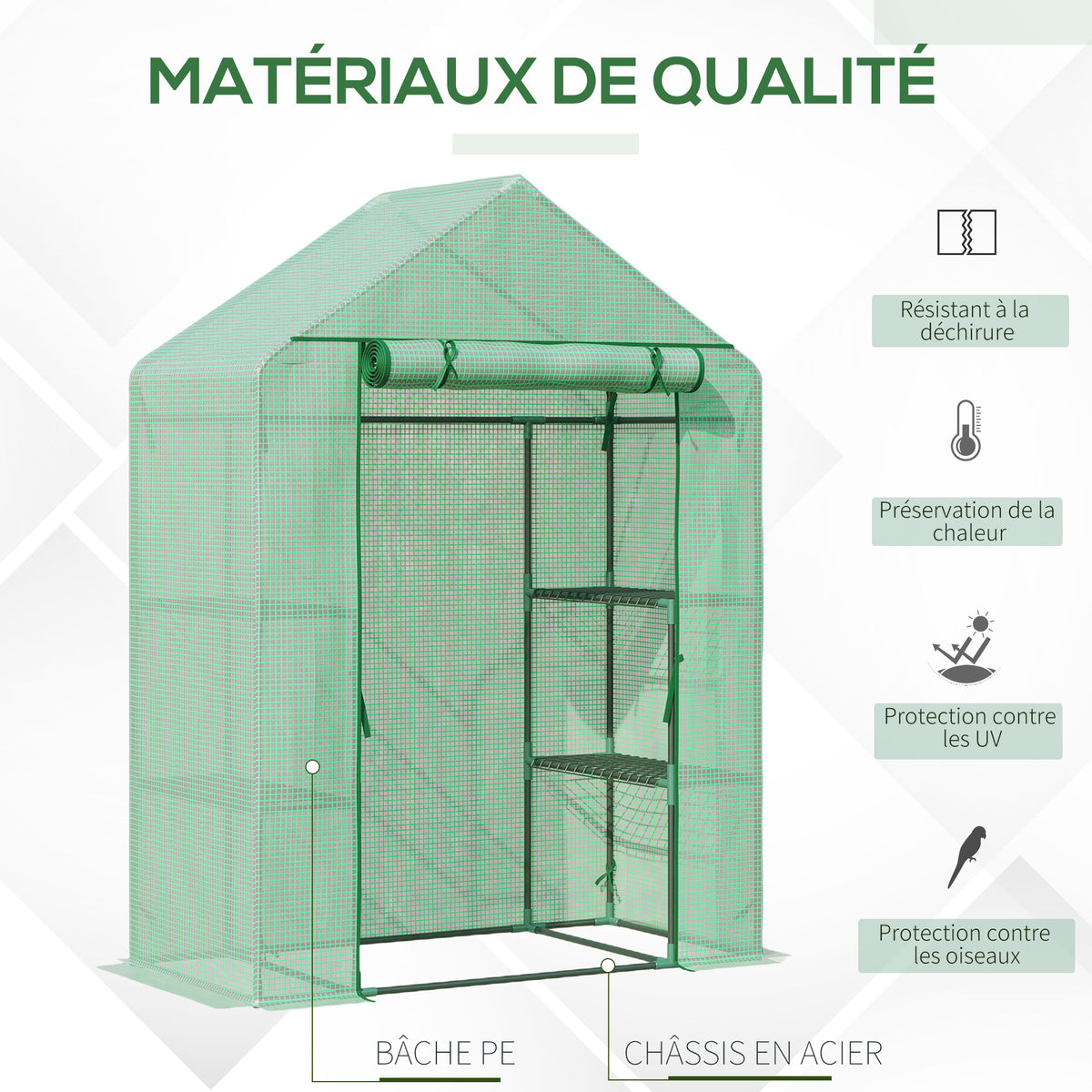 Serre de Jardin avec Étagères 3 Niveaux, Petite Serre de Balcon en Bâche PE 140 g/㎡ Renforcée 141 x 72 x 191 cm, Vert