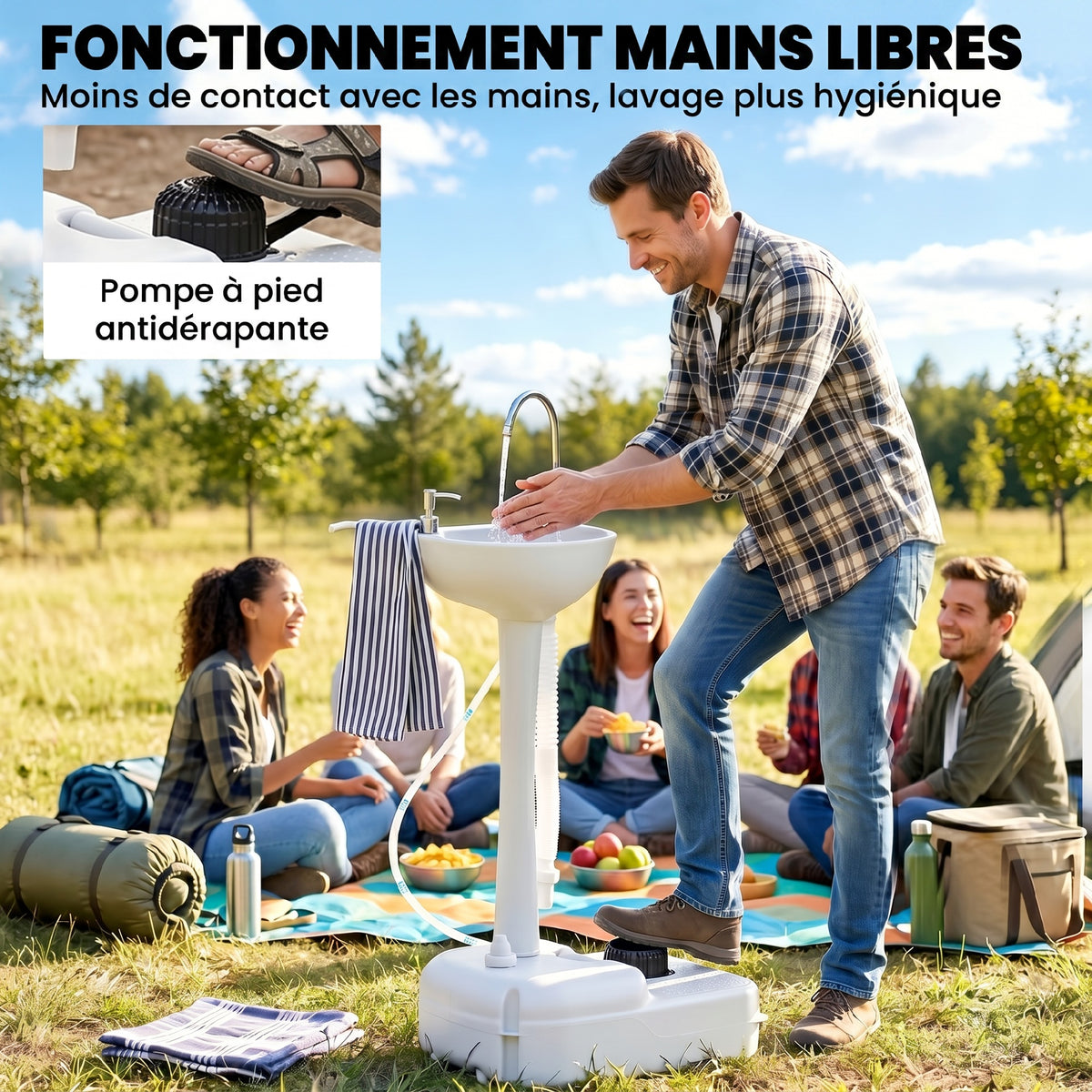 Évier de Camping Portable à Roues, Distributeur de Savon, Eau Froide Uniquement, Réservoir d'Eaux Usées NON Inclus, Gris