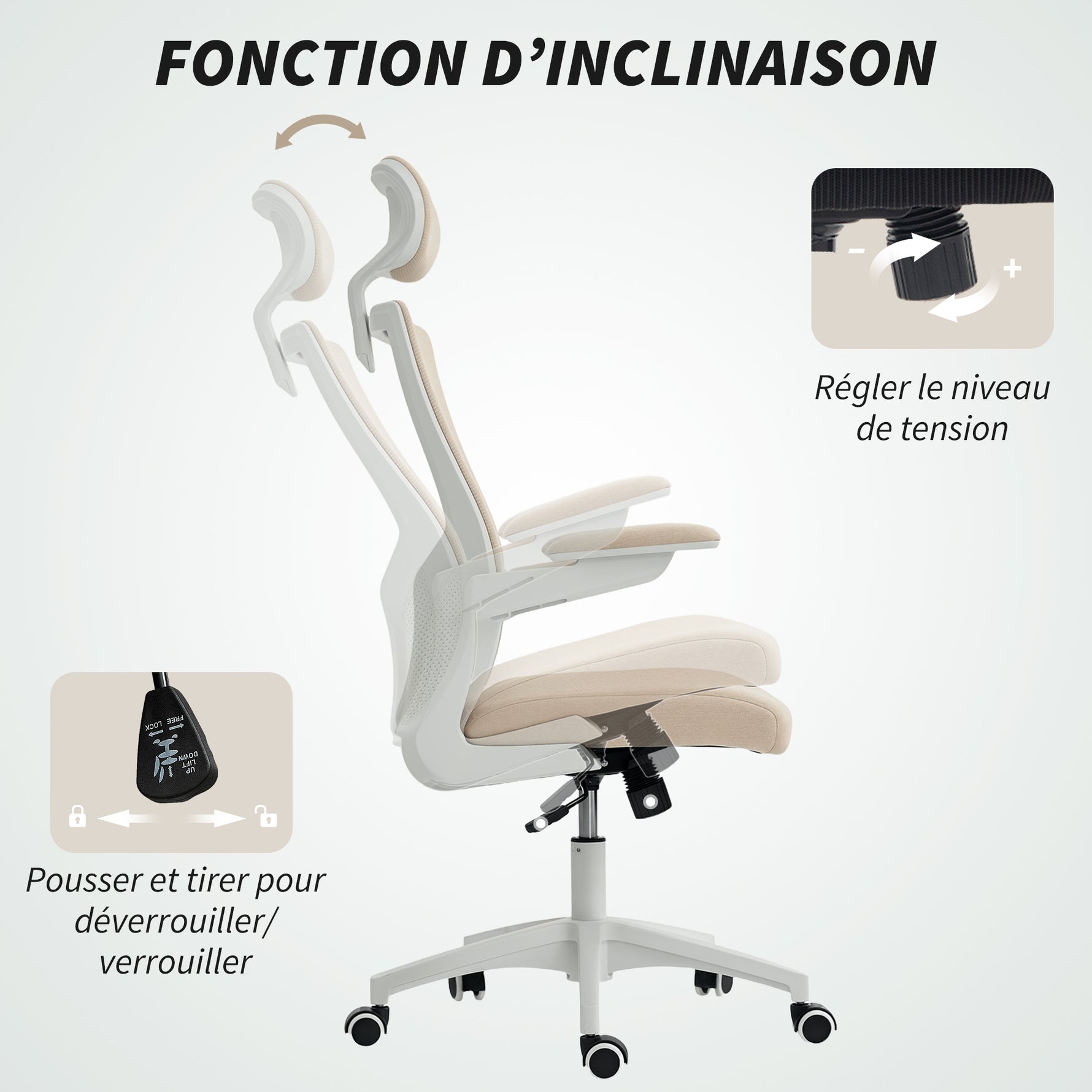 Chaise bureau ergonomique, fauteuil de bureau, accoudoirs relevables, soutien lombaire, appui-tête, 60x63x120cm, beige