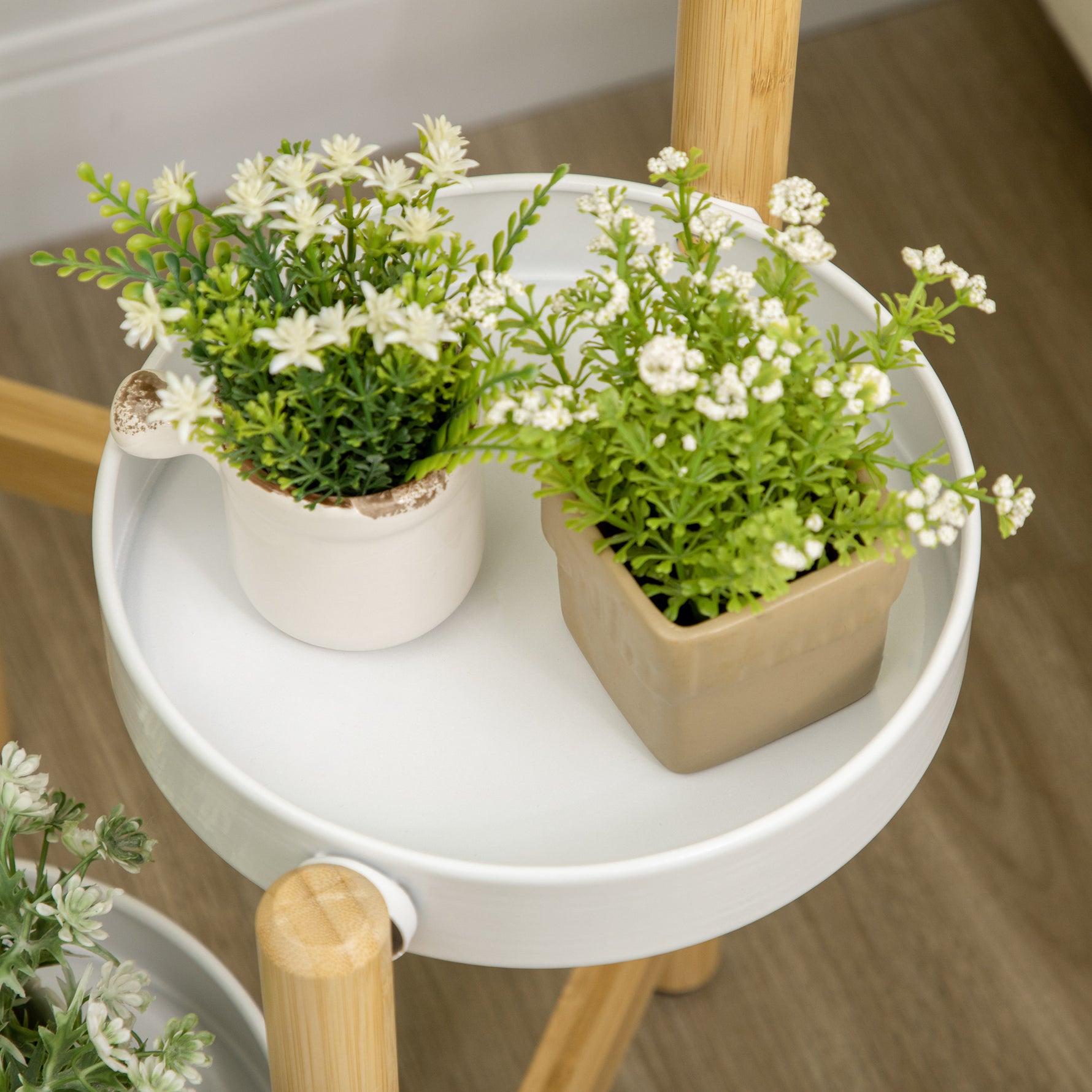 Support pour plantes étagère à fleurs à 4 niveaux en bambou et métal pour extérieur intérieur 28 x 28 x 80 cm blanc
