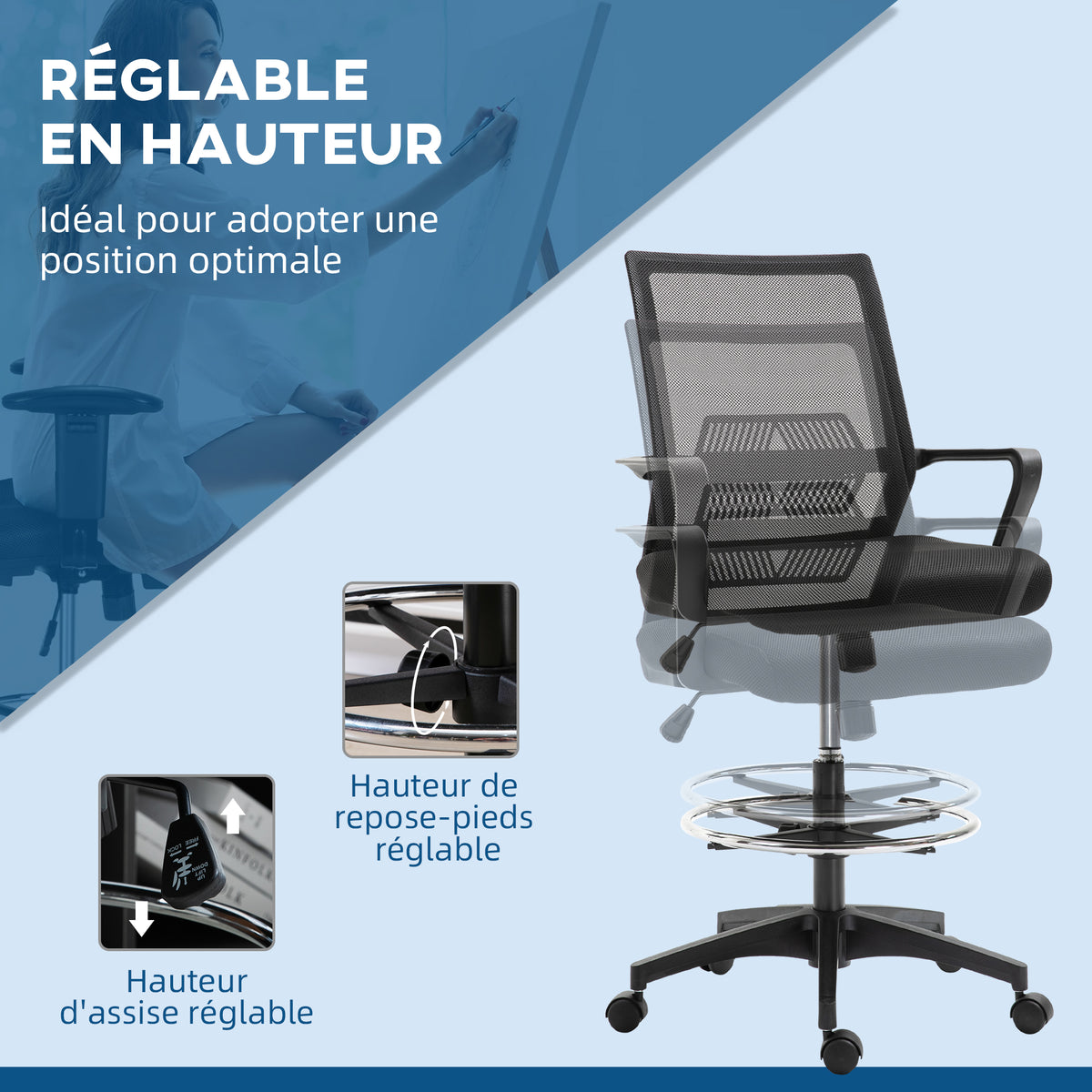 Lot de b2 fauteuils de bureau chaise de bureau assise haute réglable dim. 64L x 59l x 104-124H cm