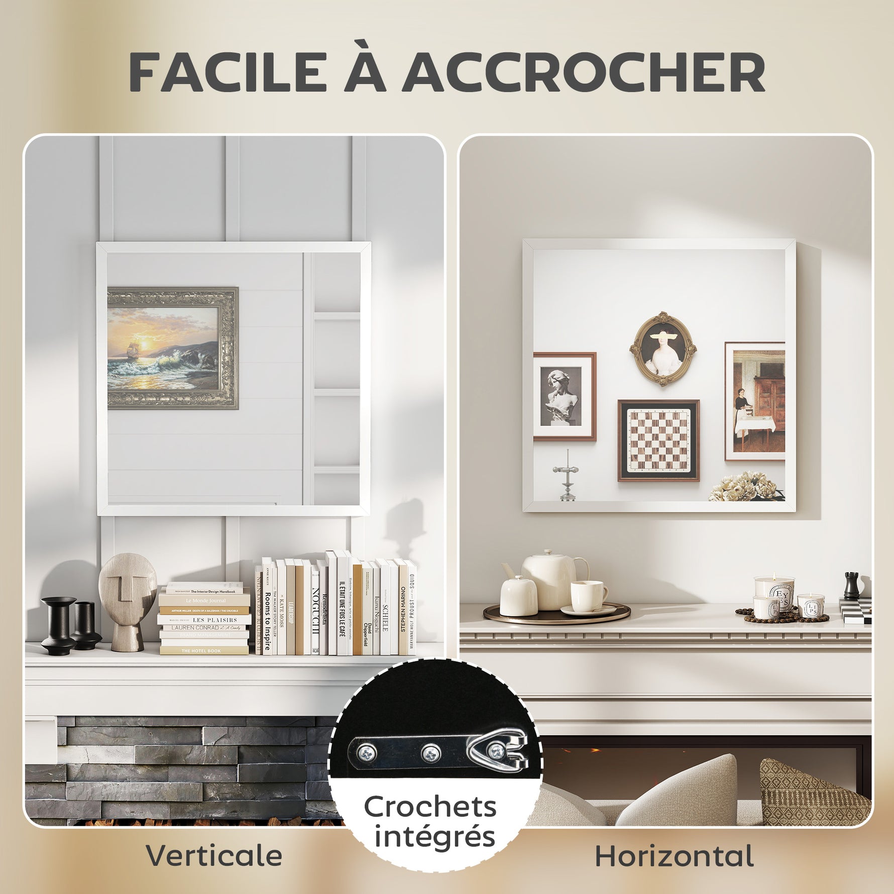 Miroir mural carré 50 x 50 cm, cadre en bois blanc, idéal pour la salle de bain, salon ou chambre