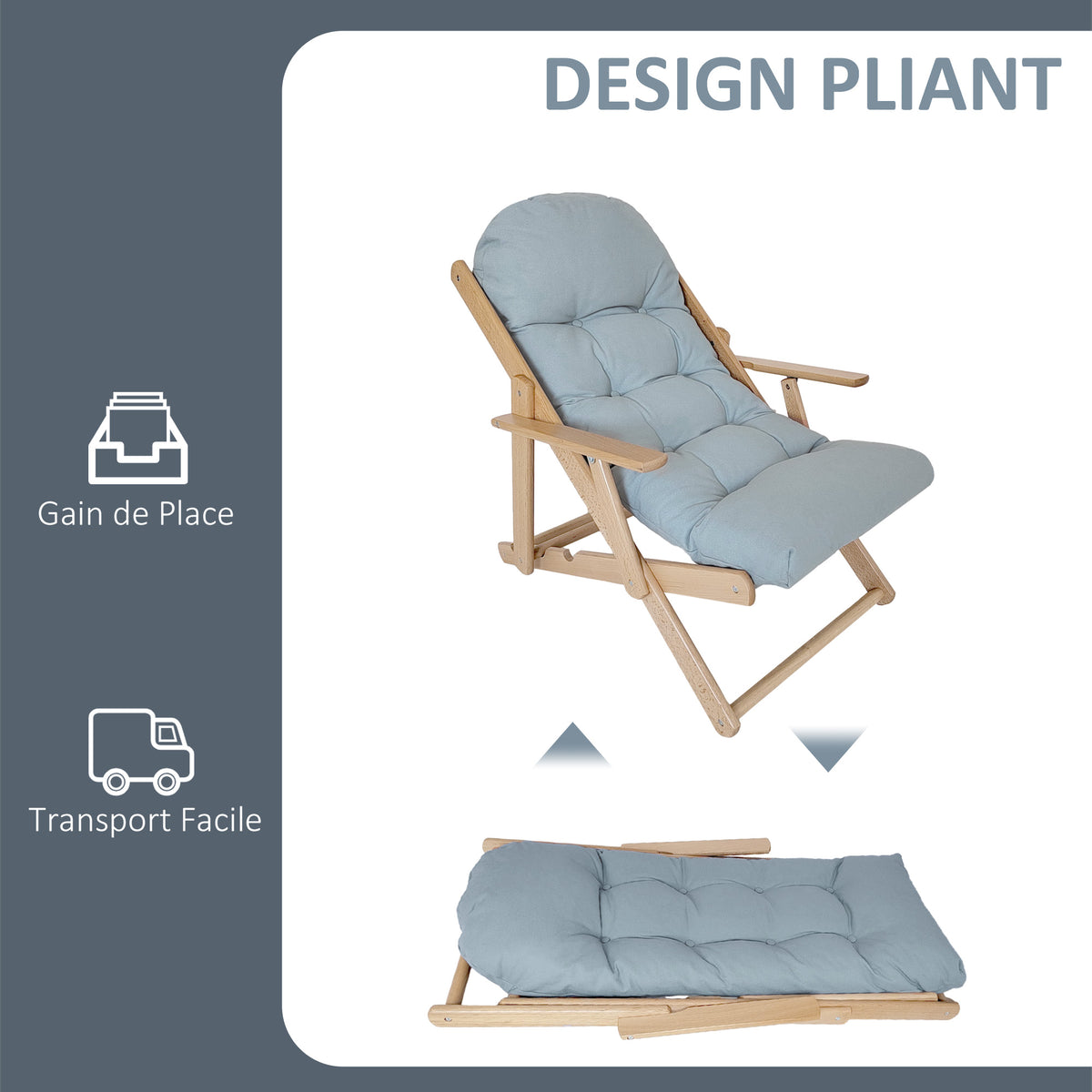 Fauteuil Chaise de Salon Pliable et inclinable en Bois Fauteuil Relax Confortable avec Coussin capitonné épais