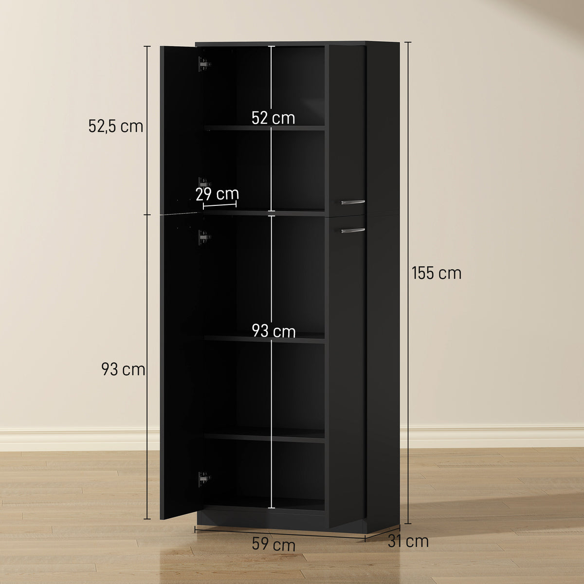 Hoher Küchenschrank, Küchenschrank mit 2 Türen und verstellbaren Einlegeböden, moderner Stil, 59 x 31 x 155 cm, Schwarz