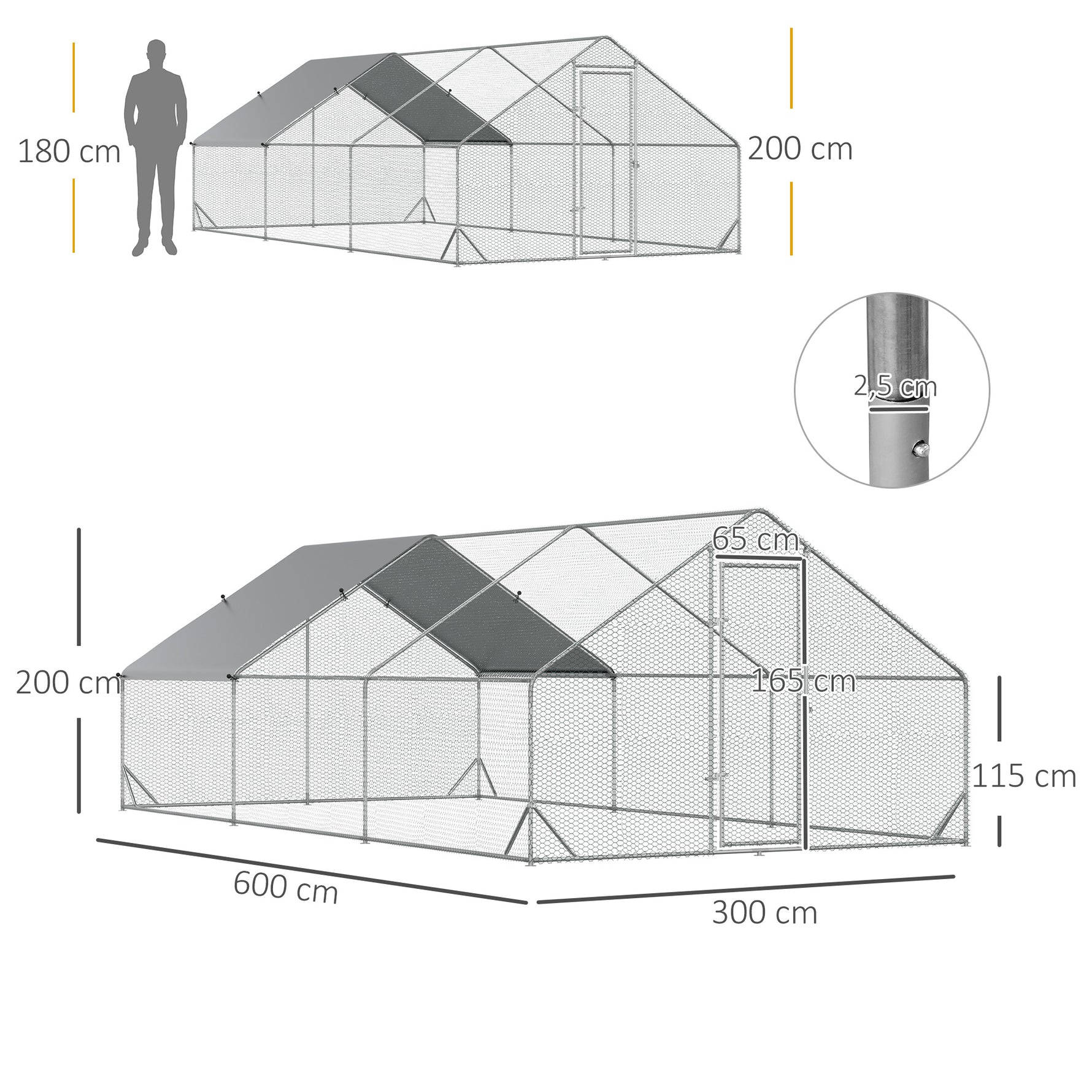 Enclos poulailler chenil volière extérieur 18 m² - Parc grillagé dim. 6L x 3l x 2H m Acier galvanisé