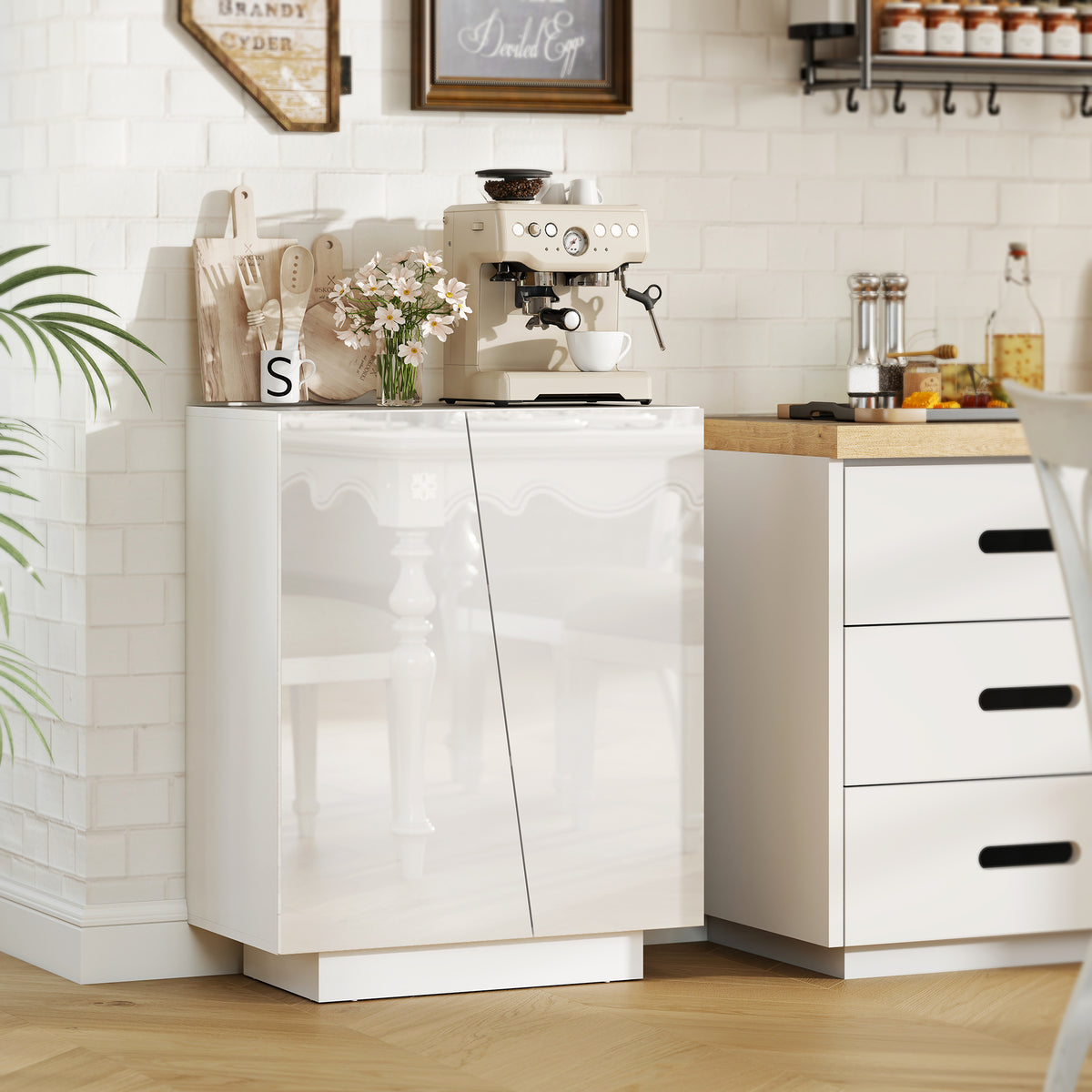 Buffet meuble de rangement avec placard double porte et étagère réglable, 70 x 40 x 88 cm, blanc brillant