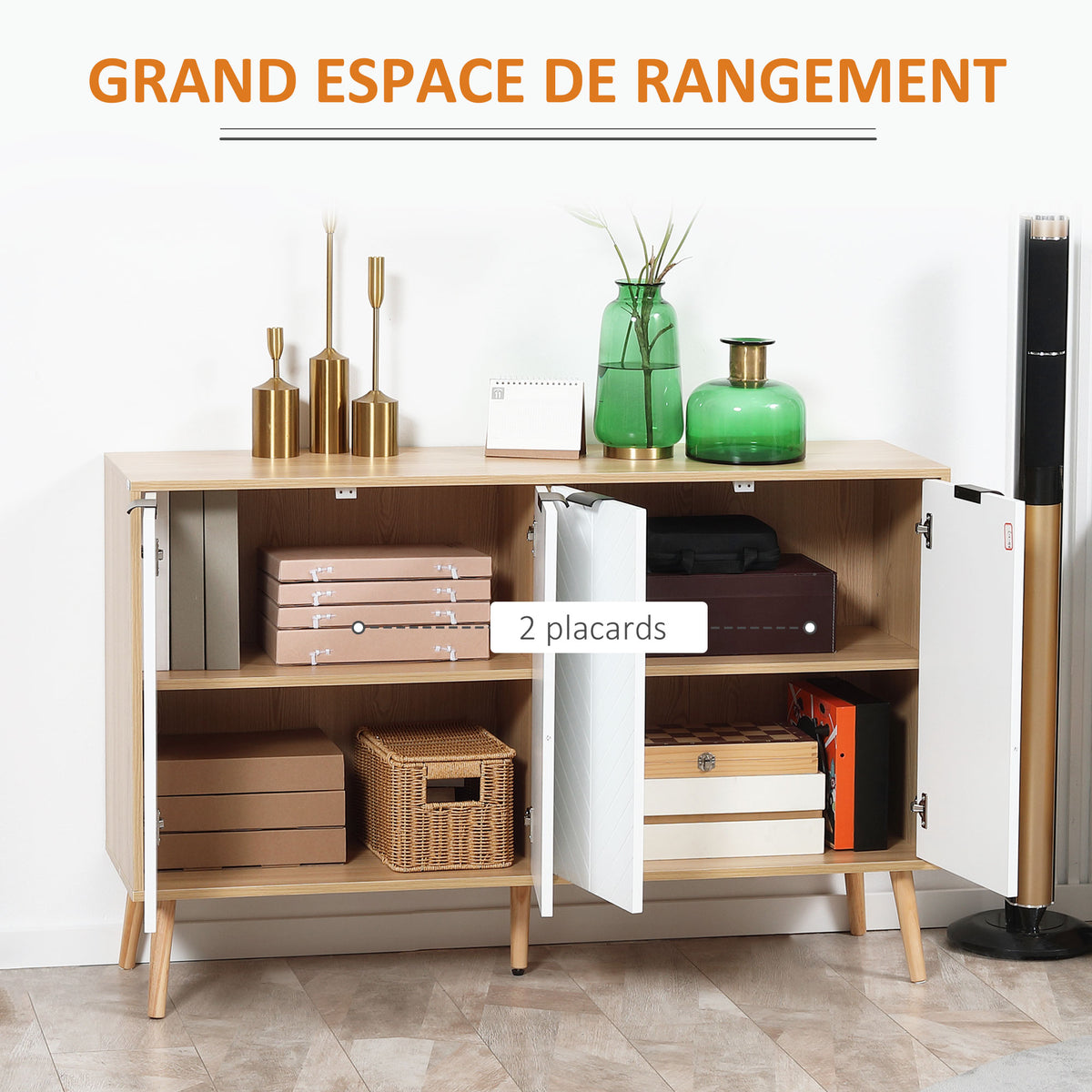 Buffet bas meuble de rangement 2 placards 4 portes motif chevrons étagères réglables 120 x 35 x 77,4 cm blanc