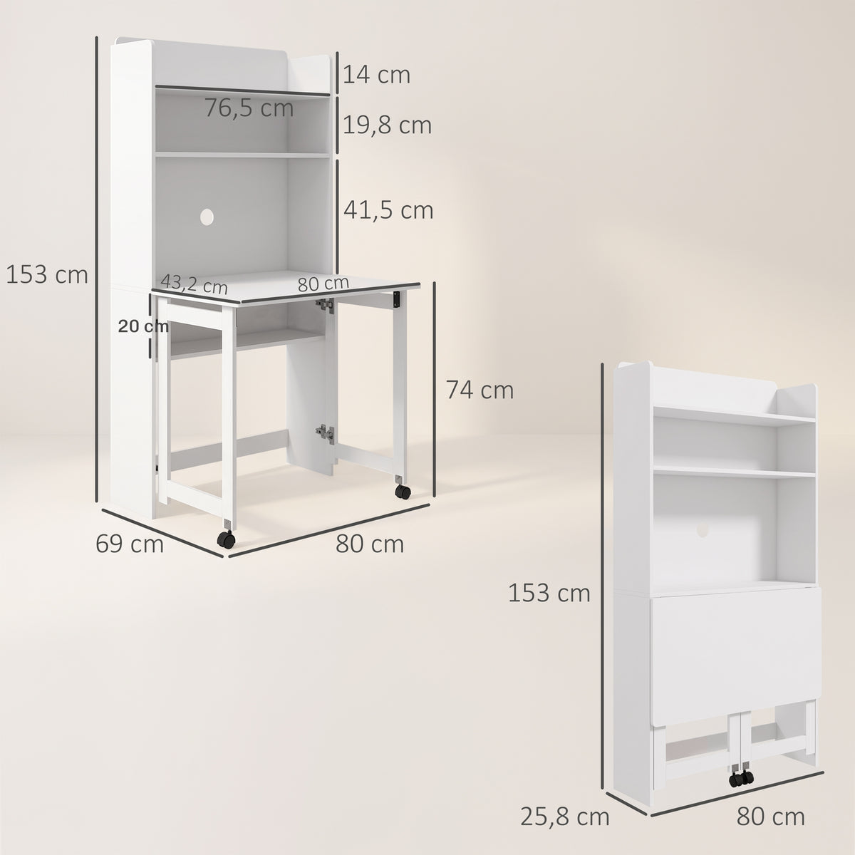 Bureau informatique avec étagères de rangement plateau rabattable 2 roulettes pour chambre salon 80 x 69 x 155 cm blanc