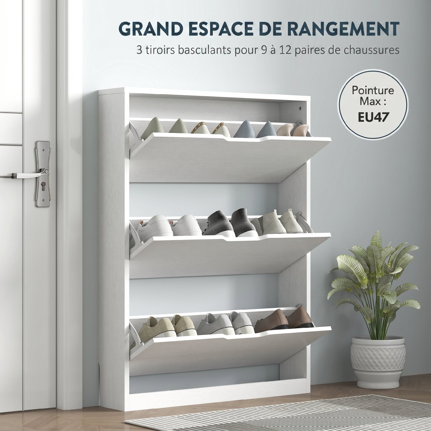 Meuble à chaussures 12 paires, armoire à chaussures, 3 tiroirs rabattables, pour couloir, entrée, 80x17x108cm, blanc