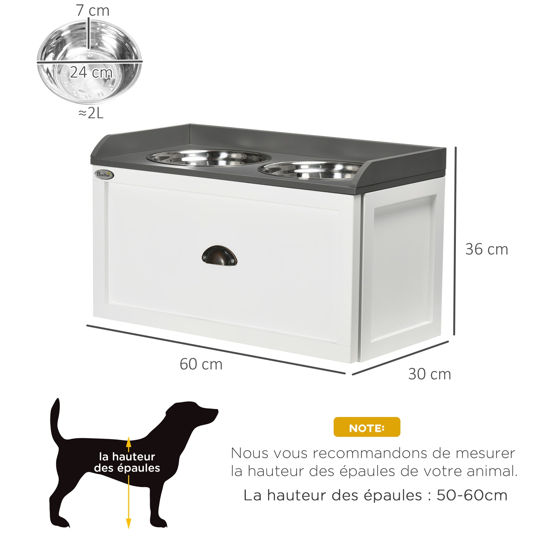 Gamelle double chien chat - porte-gamelles surélevé rangement 2 en 1 - tiroir, 2 gamelles - acier inox. MDF blanc gris