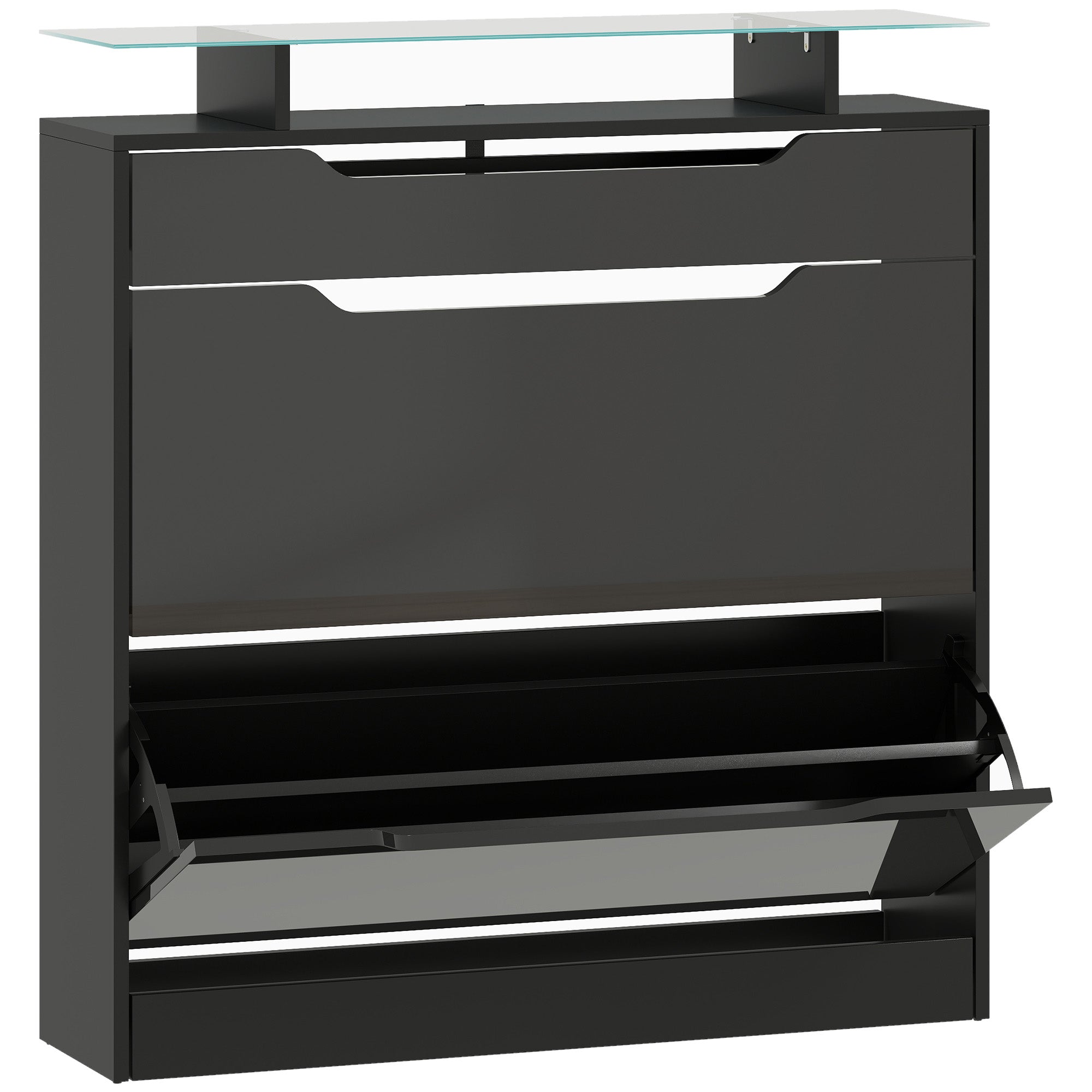 Shoe Cabinet, 2 Tip-Out Drawers, 1 Sliding Drawer, 1 Countertop, 89x23x96cm, Black