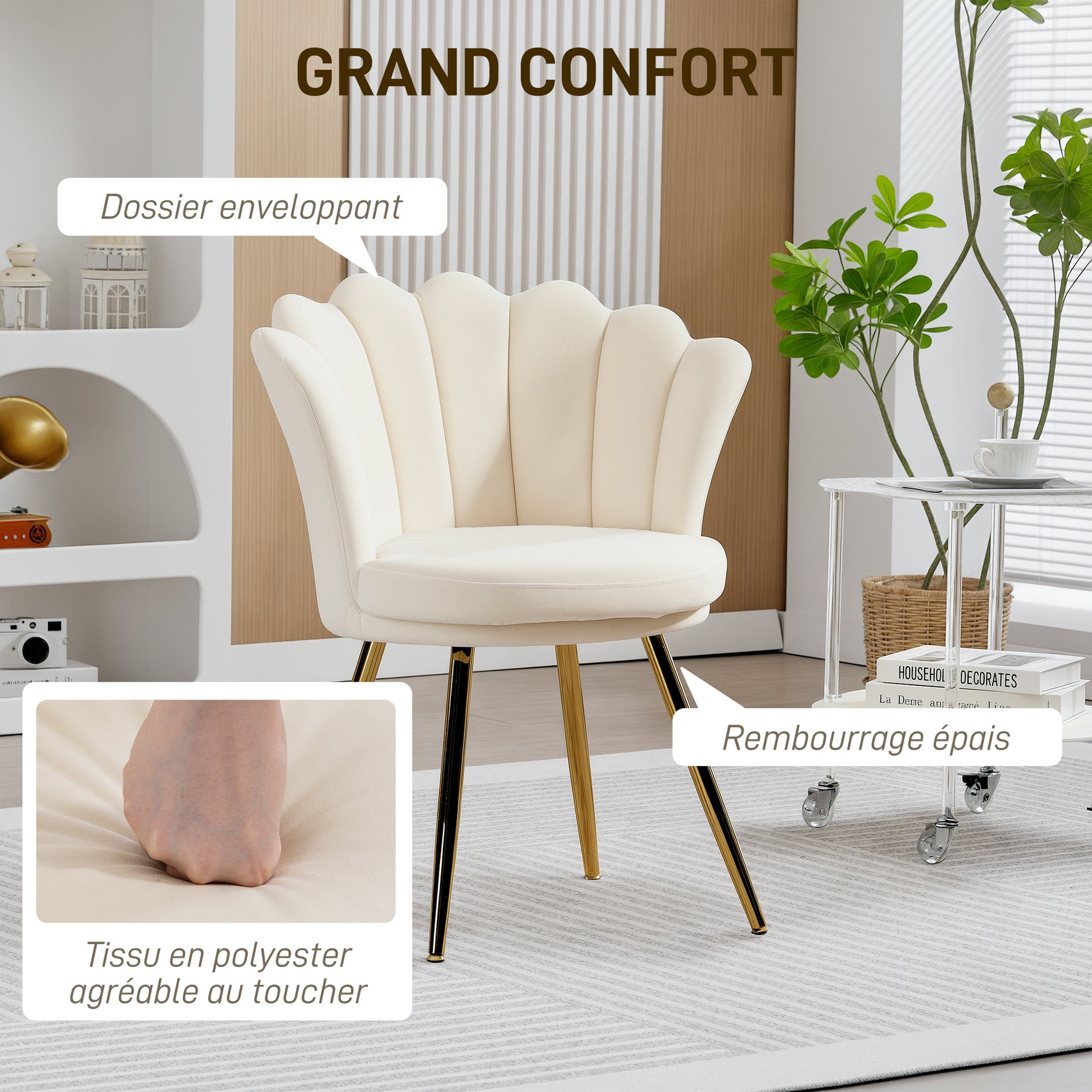 Fauteuil coquillage chaise coiffeuse fauteuil en velours fauteuil de salon avec pieds en métal doré beige