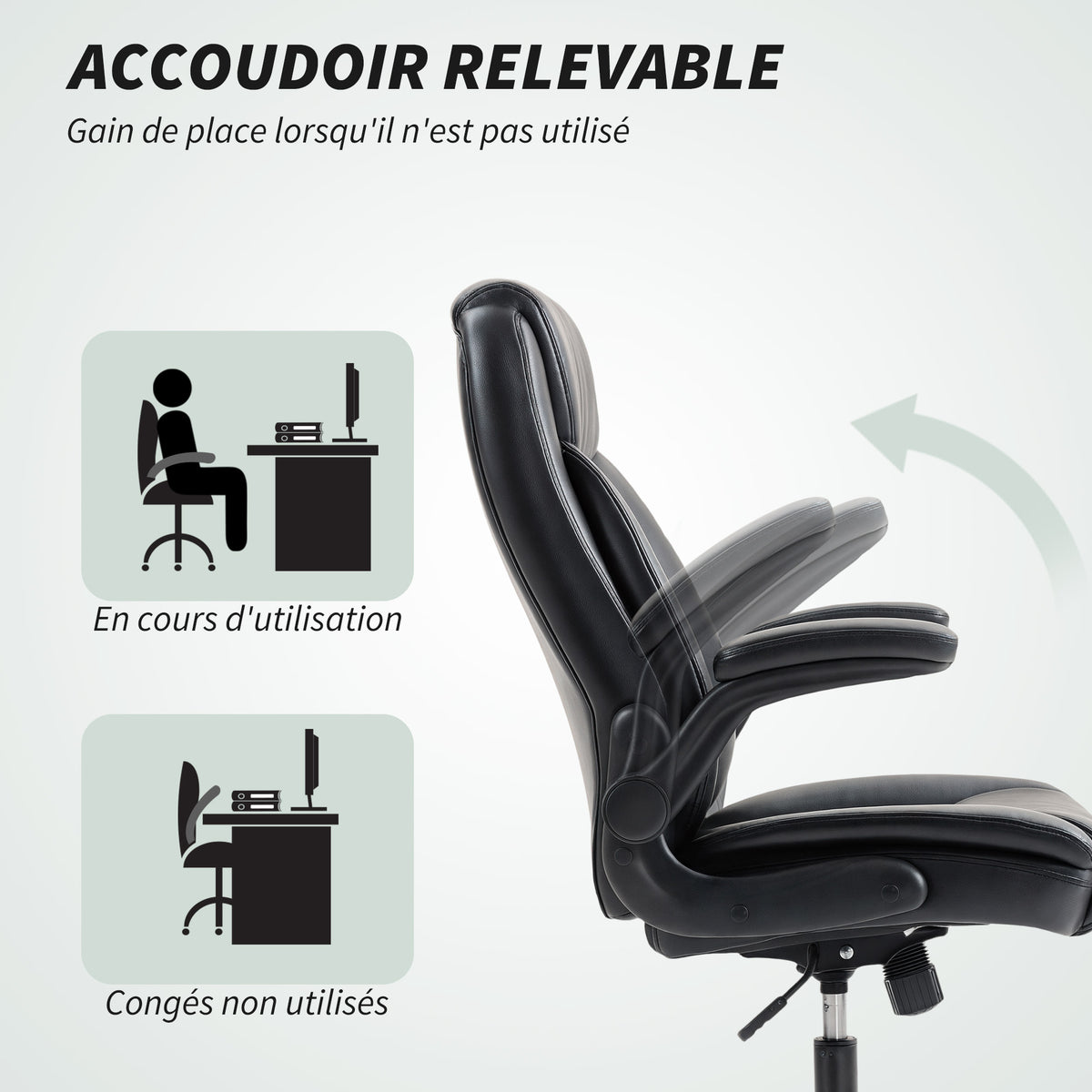 Fauteuil de bureau avec accoudoirs relevables, chaise de bureau ergonomique, hauteur réglable, fonction de bascule, noir