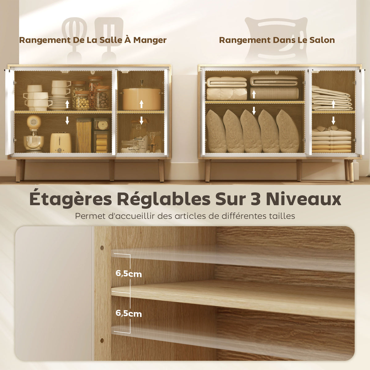 Buffet à haute brillance, meuble de rangement avec 3 portes, étagères réglables, 107 x 35 x 77 cm, blanc et chêne