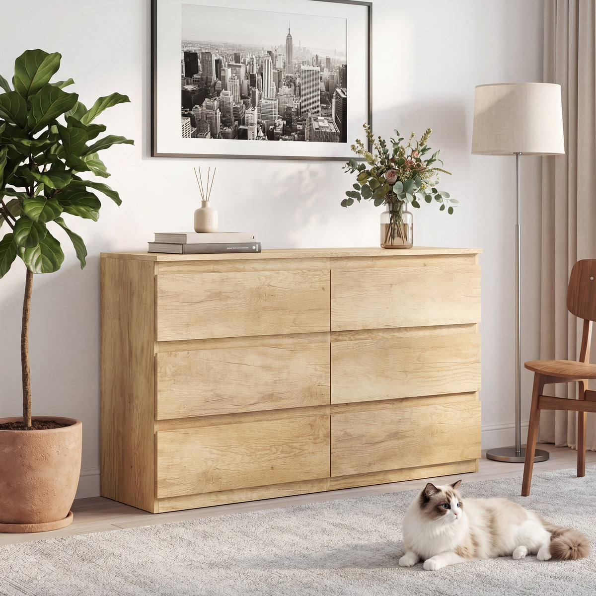 Commode 6 tiroirs meuble de rangement sans poignées design minimaliste 120 x 39 x 75 cm chêne