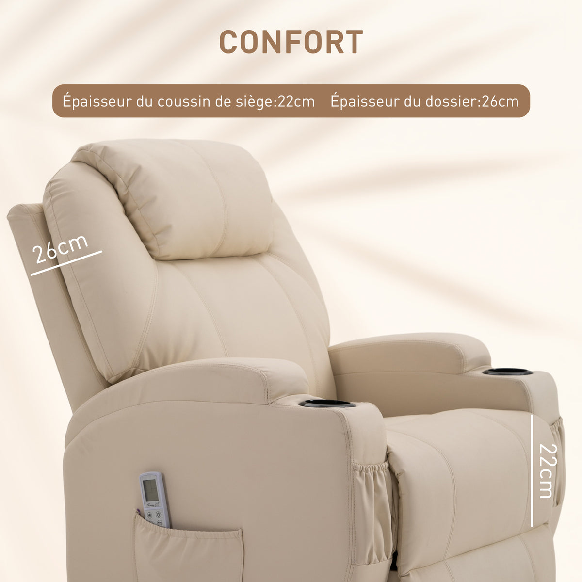 Sillón de lujo de relax y masaje, reclinable, con reposapiés eléctrico y tapizado sintético color crema