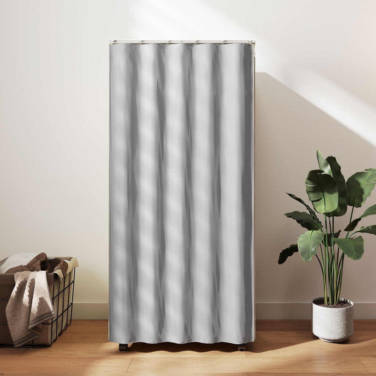 Mobile wardrobe storage cabinet with curtain, hanging rod, 60 x 40 x 128 cm, natural wood effect