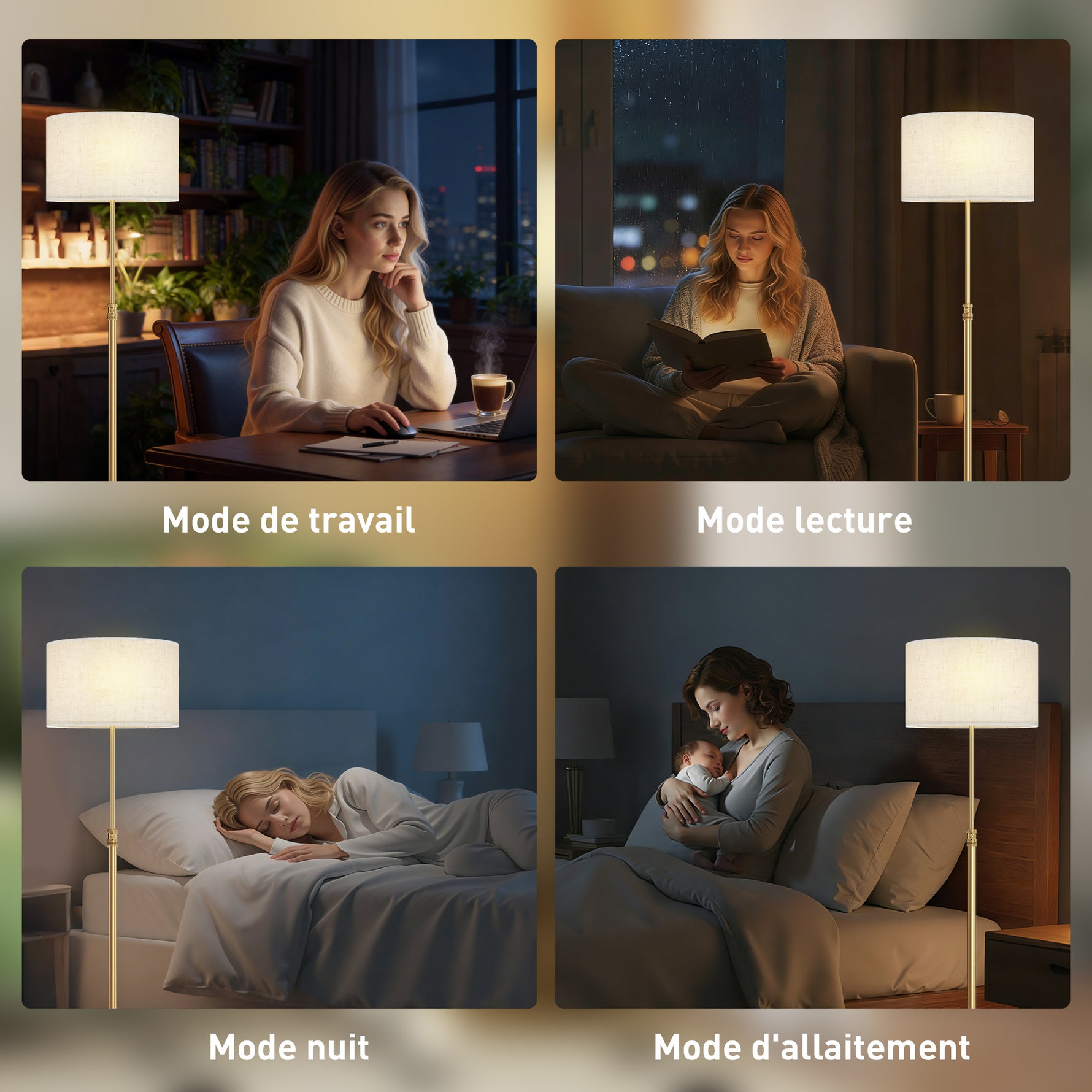 Lampadaire sur pied salon, lampe sur pied dimmable avec télécommande, abat-jour en lin, hauteur réglable 133-168cm, doré