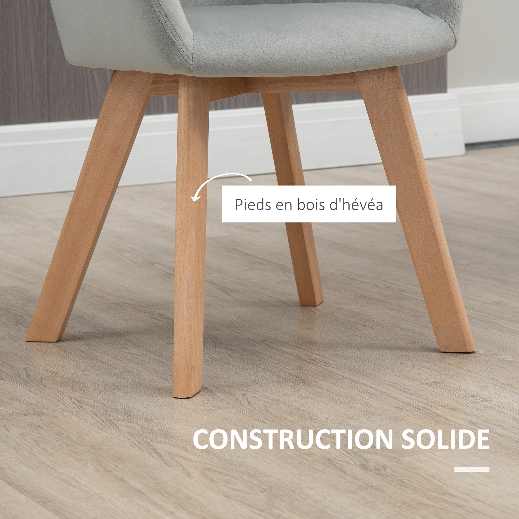 Lot de 2 chaises de salle à manger Fauteuil Assise rembourrée en tissu effet velours Pieds en bois, gris