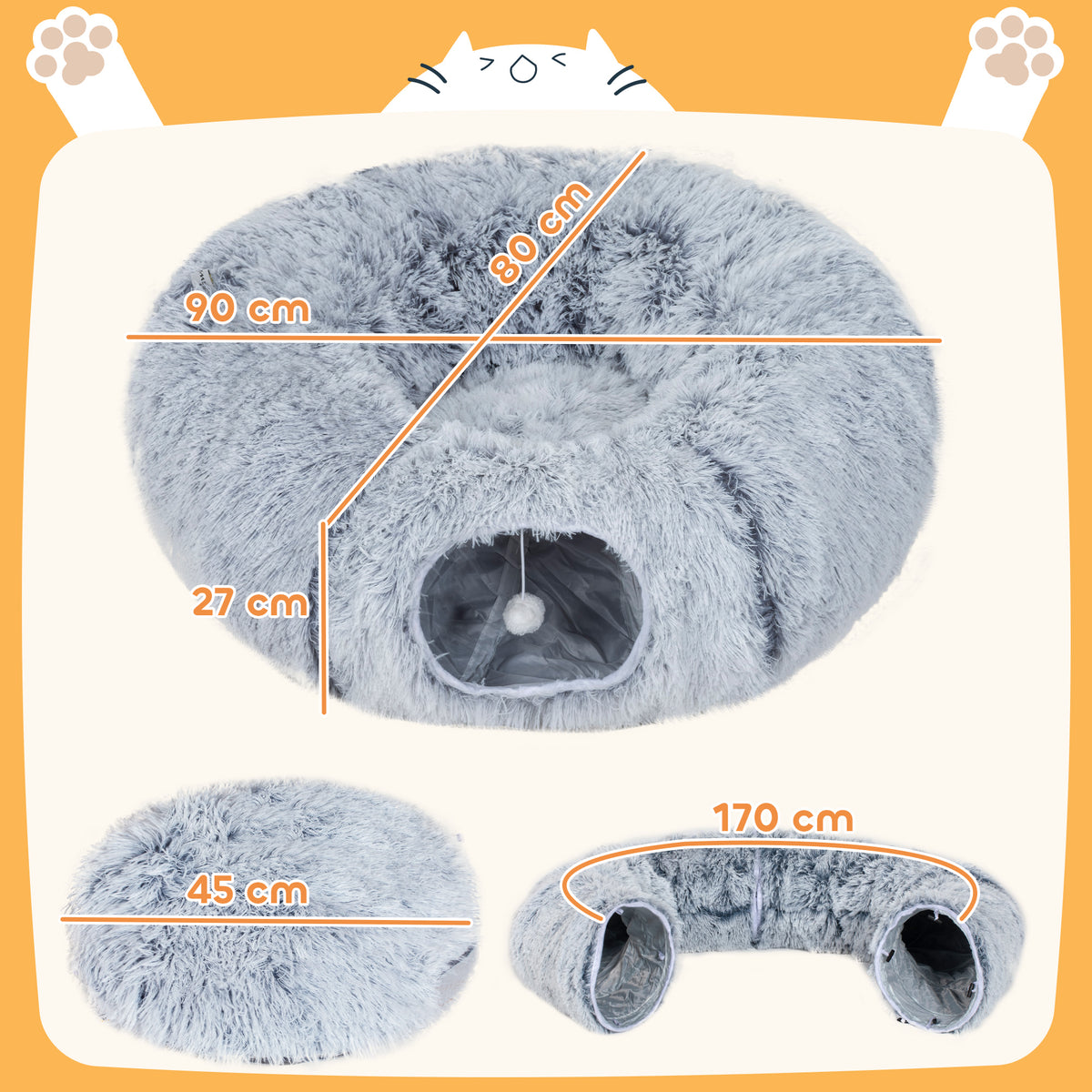 Katzentunnel für den Innenbereich mit Donut-förmigem Katzenbett, waschbares, rundes Kissen, 90x80x27cm, Hellgrau
