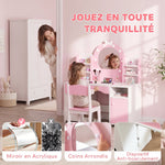Coiffeuse pour Enfants avec Tabouret et Miroir Lumineux à 2 Couleurs en Acrylique, pour 3-8 Ans, 90 x 41 x 104 cm, Rose