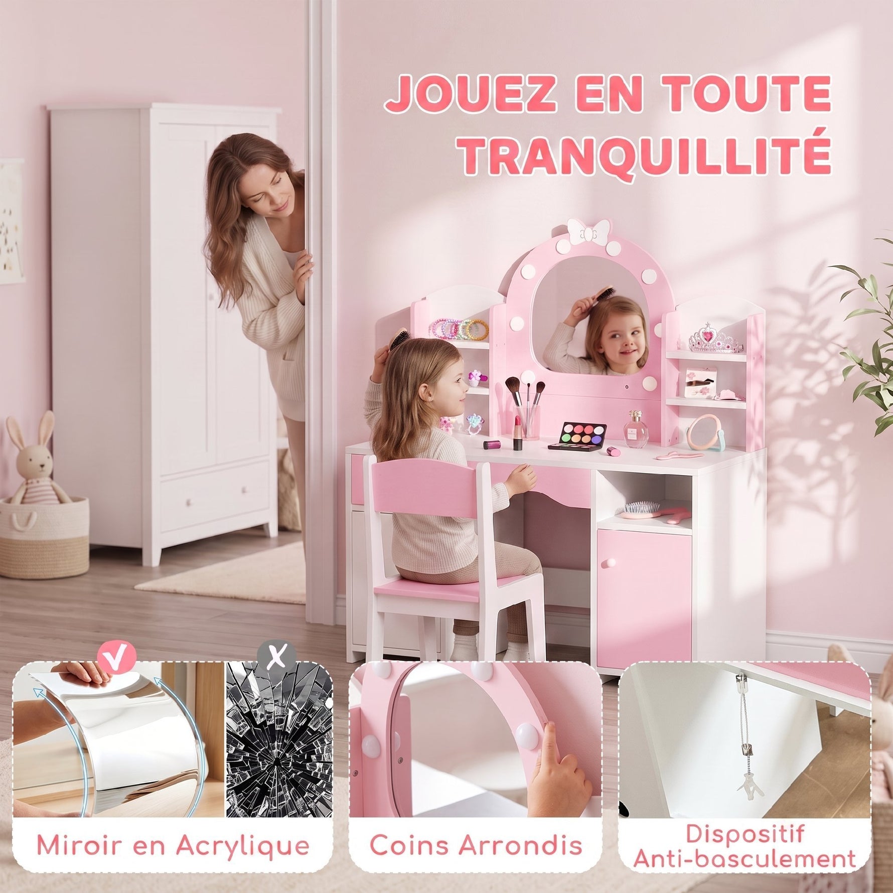 Coiffeuse pour Enfants avec Tabouret et Miroir Lumineux à 2 Couleurs en Acrylique, pour 3-8 Ans, 90 x 41 x 104 cm, Rose