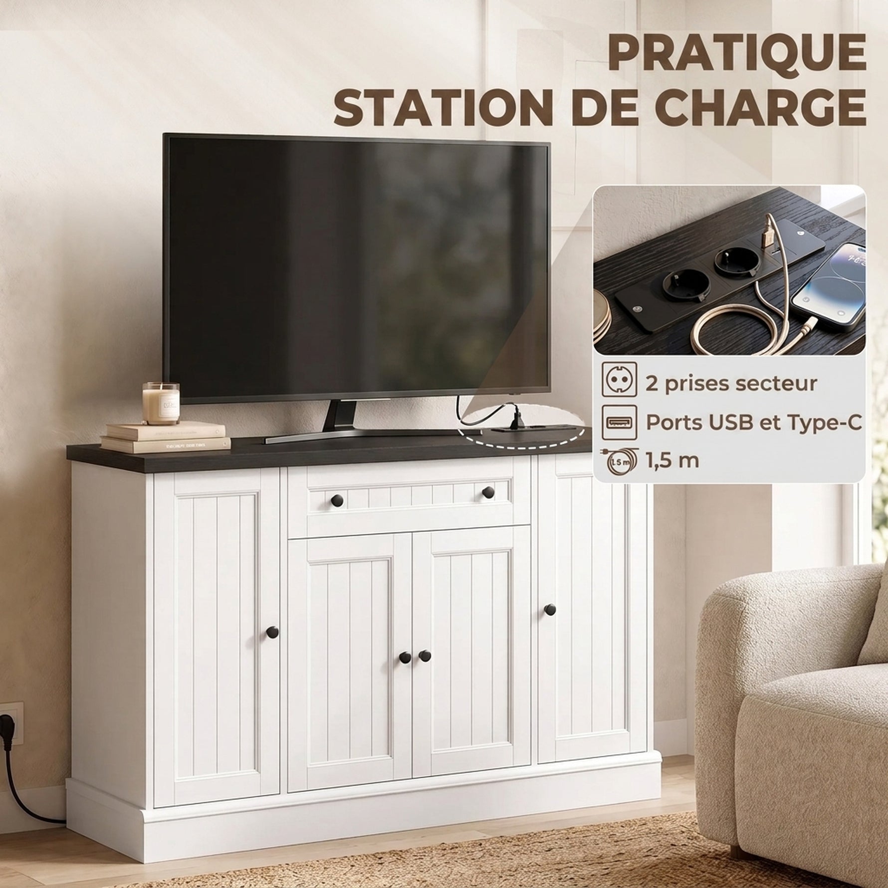Buffet Salon avec Station de Charge, Meuble de Rangement avec 4 Portes, Tiroir, Étagères Réglables, Blanc et Noir