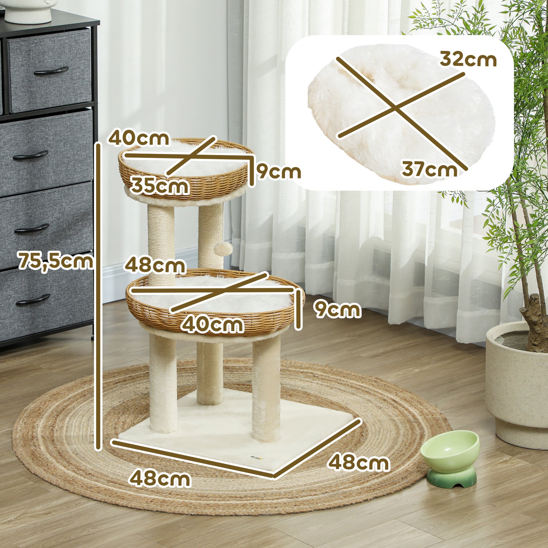 Arbre à chat arbre à grimper hauteur de 75,5 cm avec deux lits pour chat en rotin griffoirs coussins lavables beige