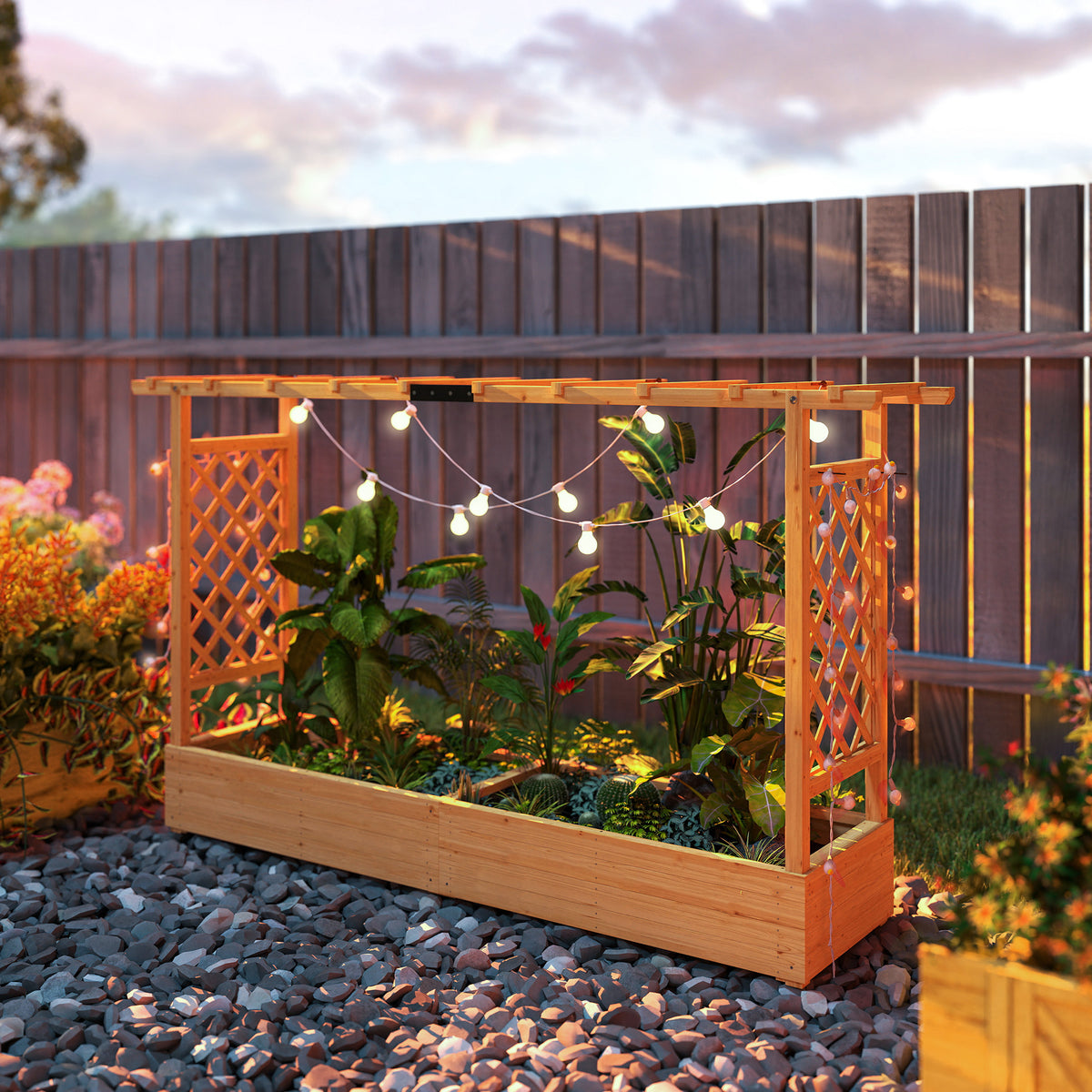 Jardinière surélevée avec treillis latéral et supérieur, bac à fleurs trous de drainage, 200x44x113,5cm, bois naturel