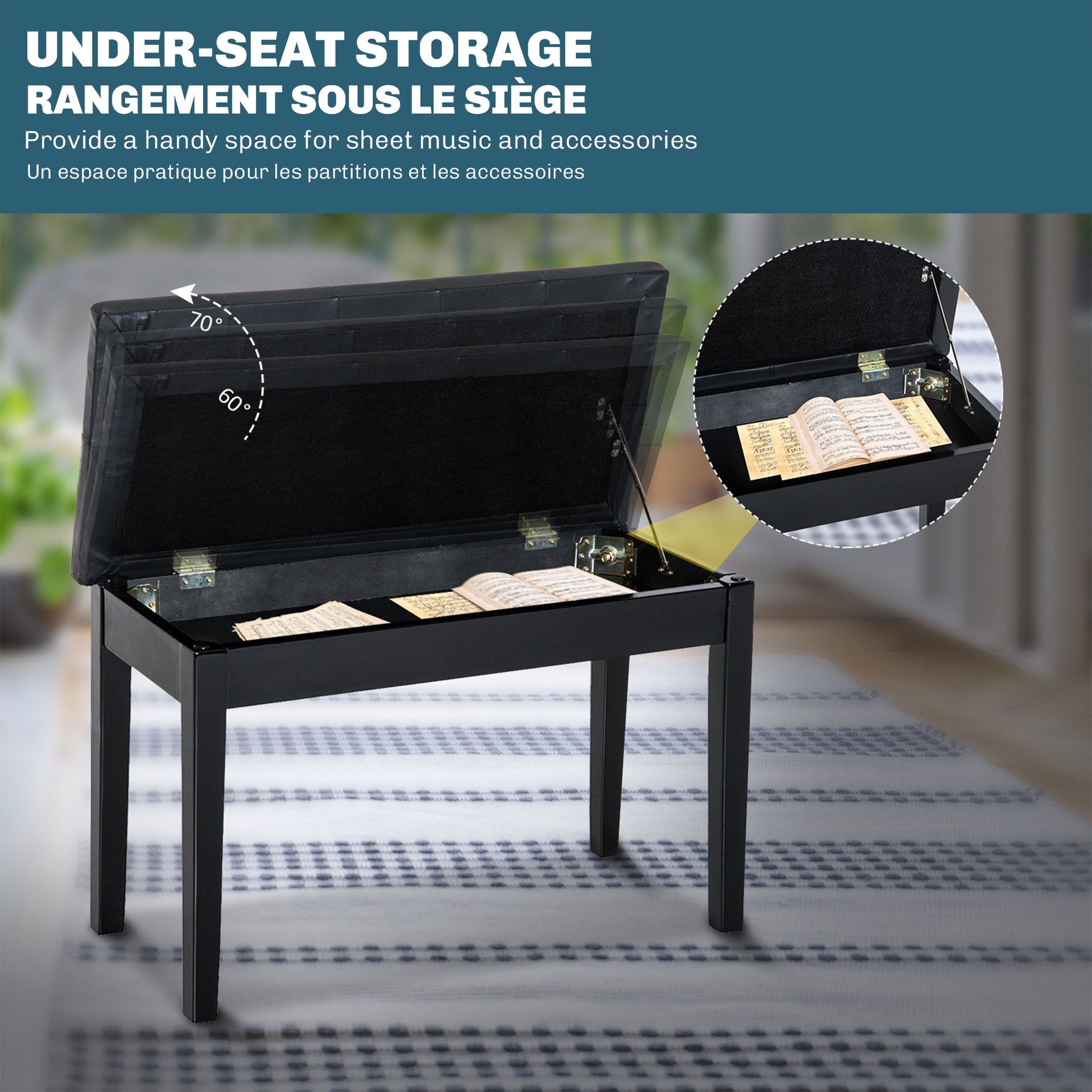 Banquette tabouret siège pour piano avec coffre de rangement pied bois caoutchouc assise capitonnée noir