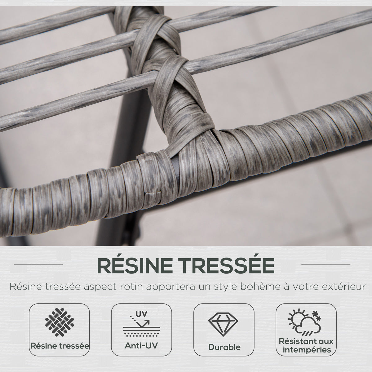 Fauteuil chaise de jardin avec repose-pieds en métal époxy et résine tressée aspect rotin avec coussins