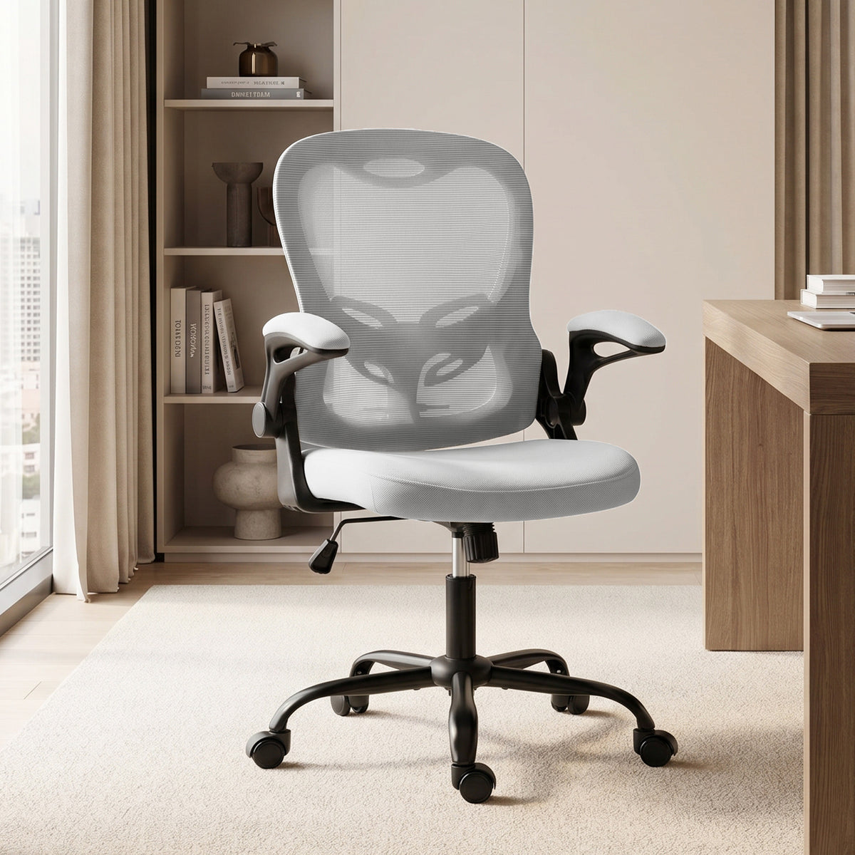 Chaise Bureau Ergonomique, Fauteuil de Bureau Maille, Accoudoirs Relevables, Hauteur Réglable, Fonction Bascule, Gris