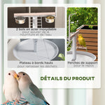 Mangeoire à oiseaux sur pied avec 4 roulettes perchoir 2 bols amovibles plateau rond acier inoxydable Ø 60 x 138H cm blanc