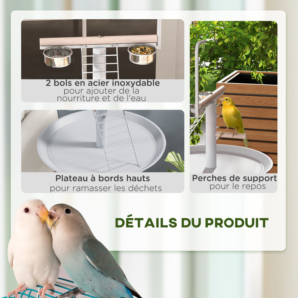Mangeoire à oiseaux sur pied avec 4 roulettes perchoir 2 bols amovibles plateau rond acier inoxydable Ø 60 x 138H cm blanc