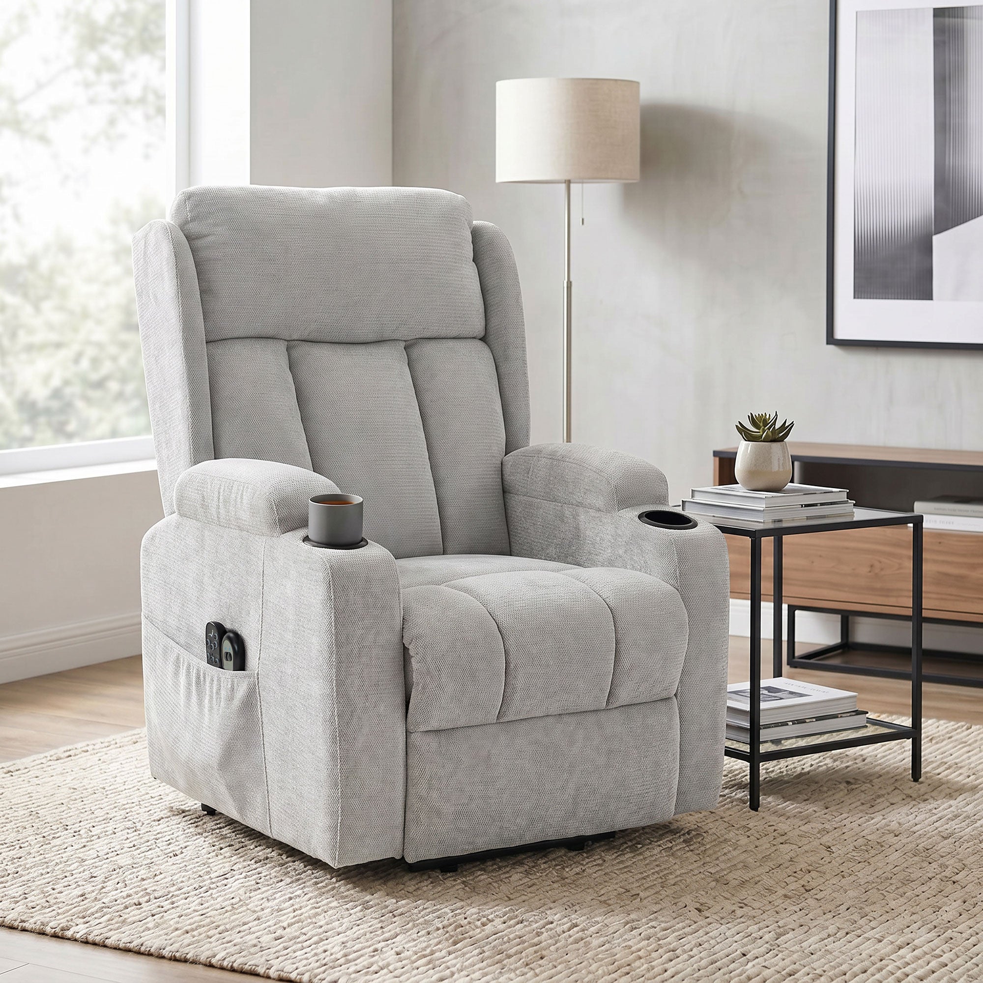 Fauteuil Releveur Électrique Massage et Chauffage, Fauteuil Relax Électrique en Chenille, Appui-tête Pliable, Gris Clair