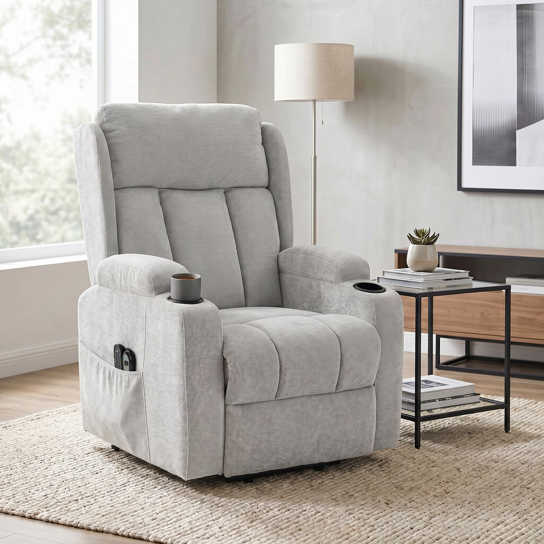 Fauteuil Releveur Électrique Massage et Chauffage, Fauteuil Relax Électrique en Chenille, Appui-tête Pliable, Gris Clair