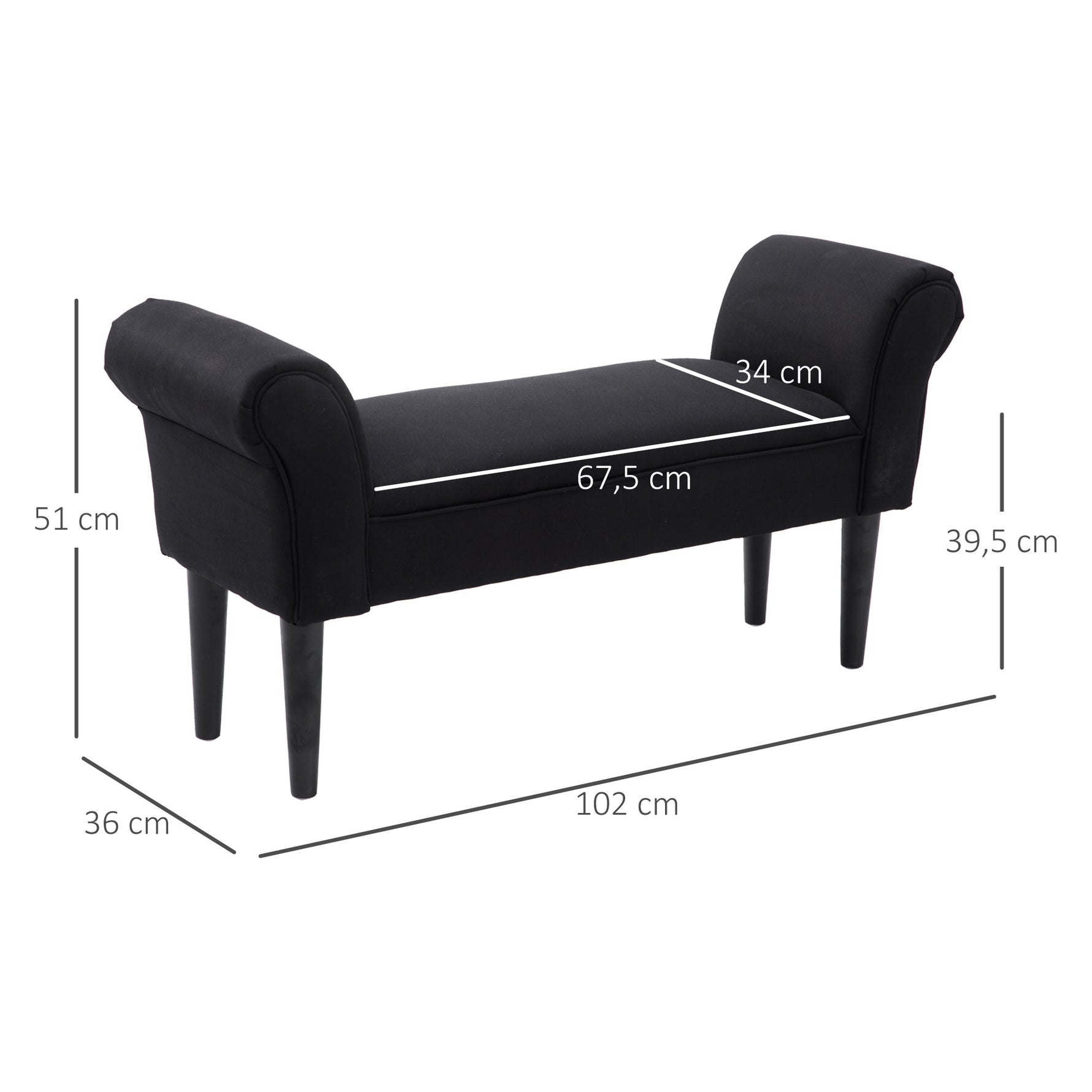 Banc Entrée Bout de Lit Rembourré pour Chambre à Coucher, Tissu à Voile, 102 x 36 x 51 cm, Noir