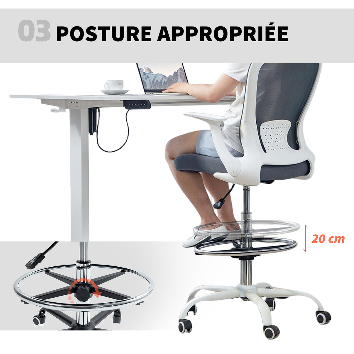 Chaise bureau ergonomique avec repose-pieds ajustable et accoudoirs relevables, hauteur réglable, 59x62x99-119cm, gris