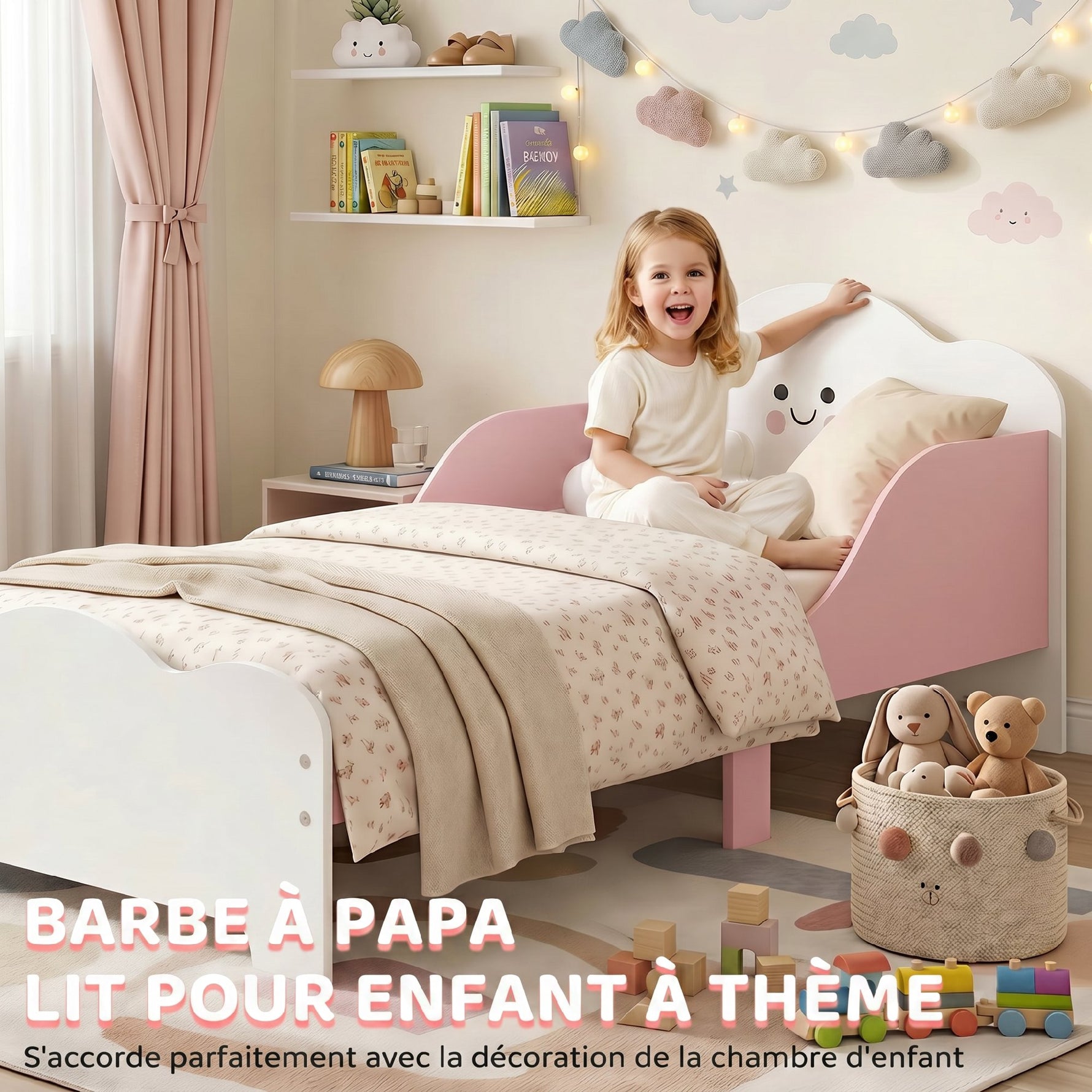 Lit enfant 70 x 140 cm, lit pour enfant avec barriere de securite et sommier à lattes en bois, rose (matelas non inclus)