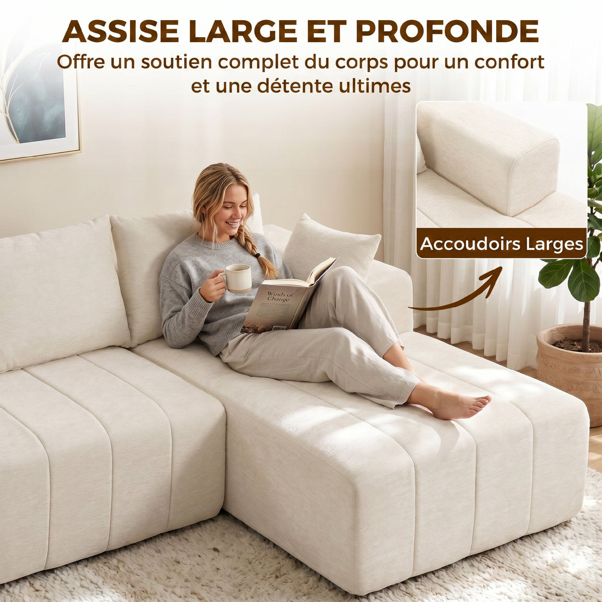 Canapé d'angle 256 cm avec méridienne, canapé-lit 3 places en chenille forme de L, assise et accoudoirs larges, beige