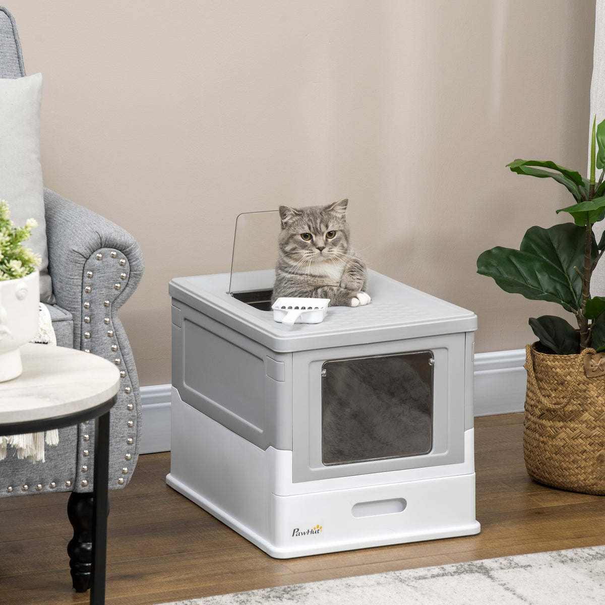 Maison de toilette pour chat pliable double porte battante et supérieure pelle fourni 47,5 x 35,5 x 36,7 cm gris