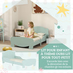 Lit enfant 70x140 cm avec barrières de sécurité thème d'ours pour garçons, filles, âgés de 3 à 6 ans, vert