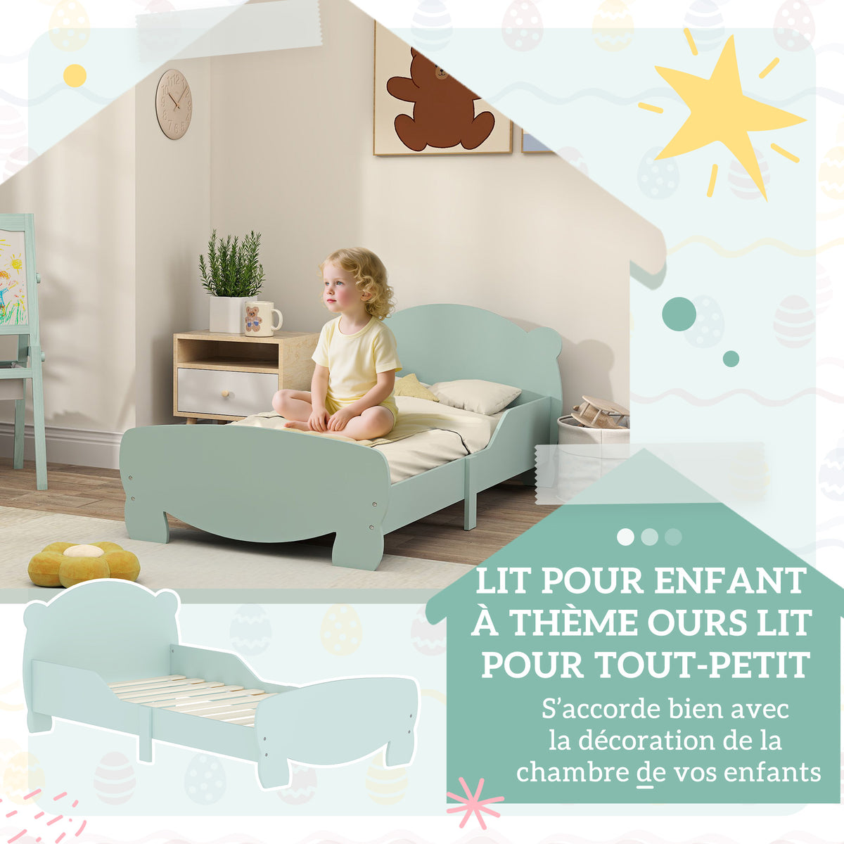 Lit enfant 70x140 cm avec barrières de sécurité thème d'ours pour garçons, filles, âgés de 3 à 6 ans, vert