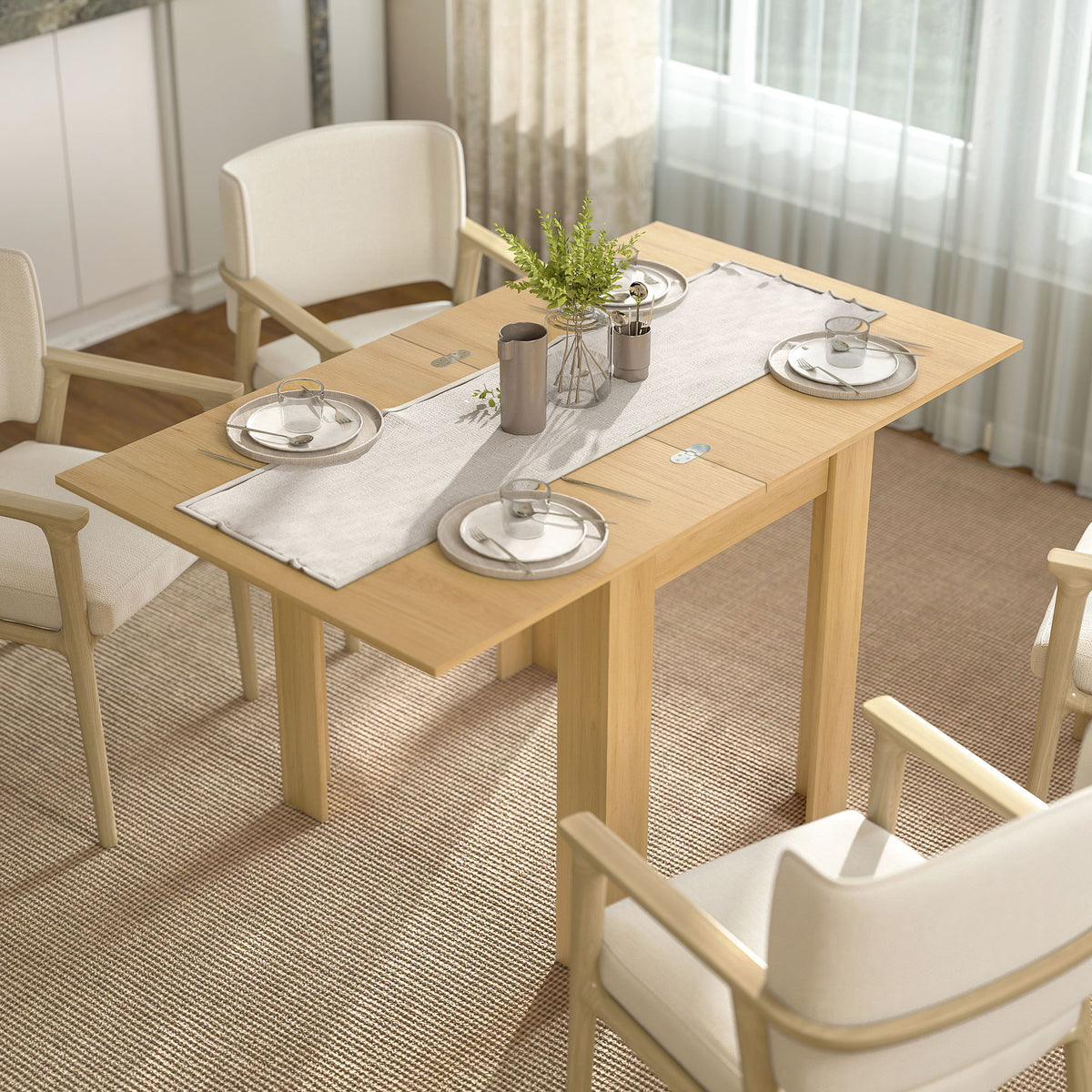 Table à manger extensible rectangle pour 4 à 6 personnes, table de cuisine 70-140 cm, patins en feutre, bois naturel