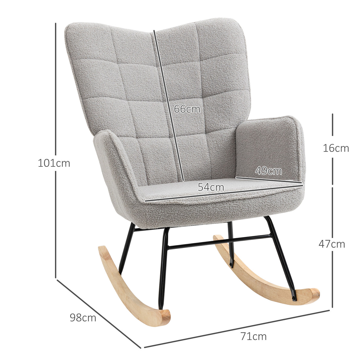 Fauteuil à bascule rocking chair revêtement bouclette structure en acier 71 x 98 x 101 cm Gris clair