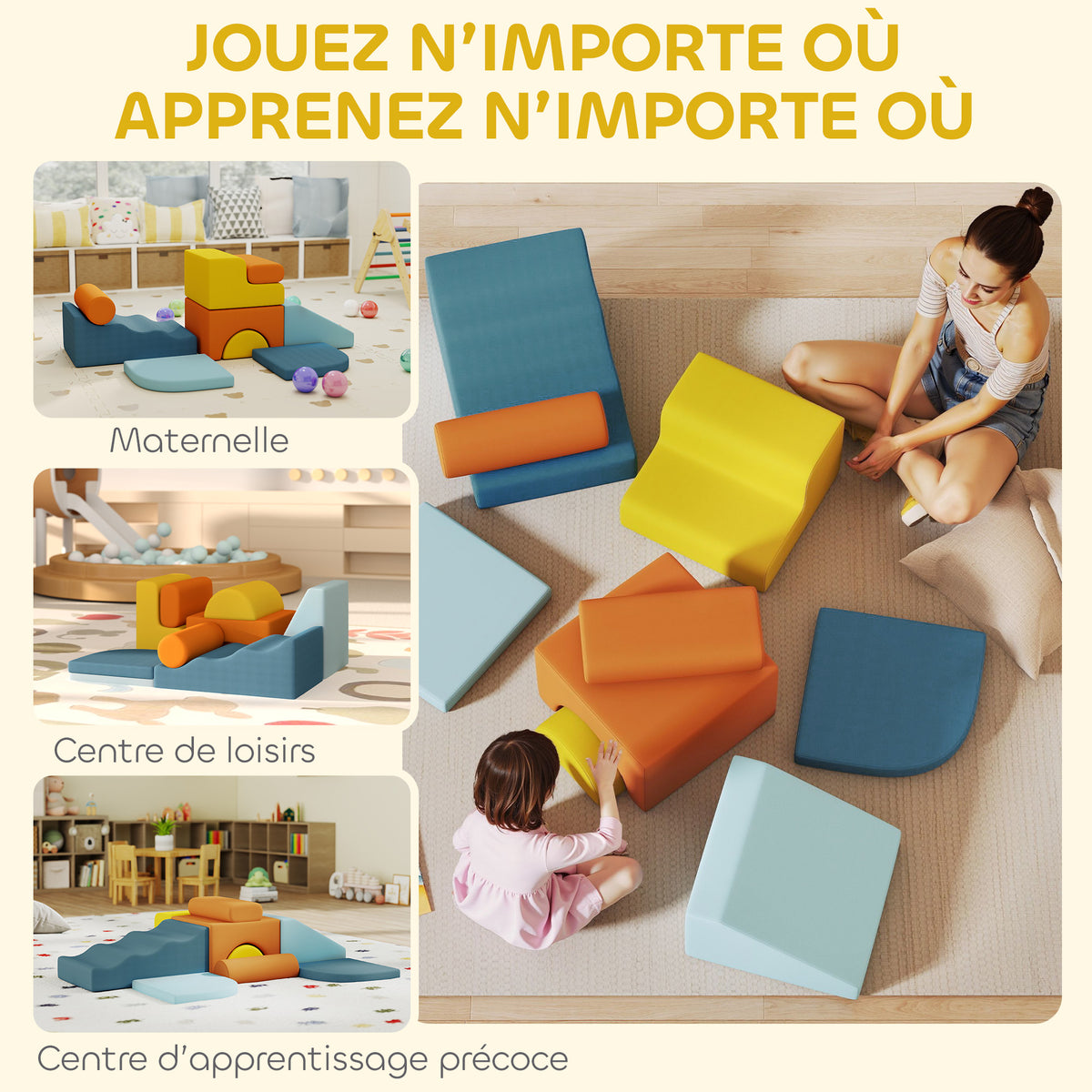 Parcours motricité bébé 9PCS, module motricité bébé en mousse avec housse amovible en revêtement velours, multicolore
