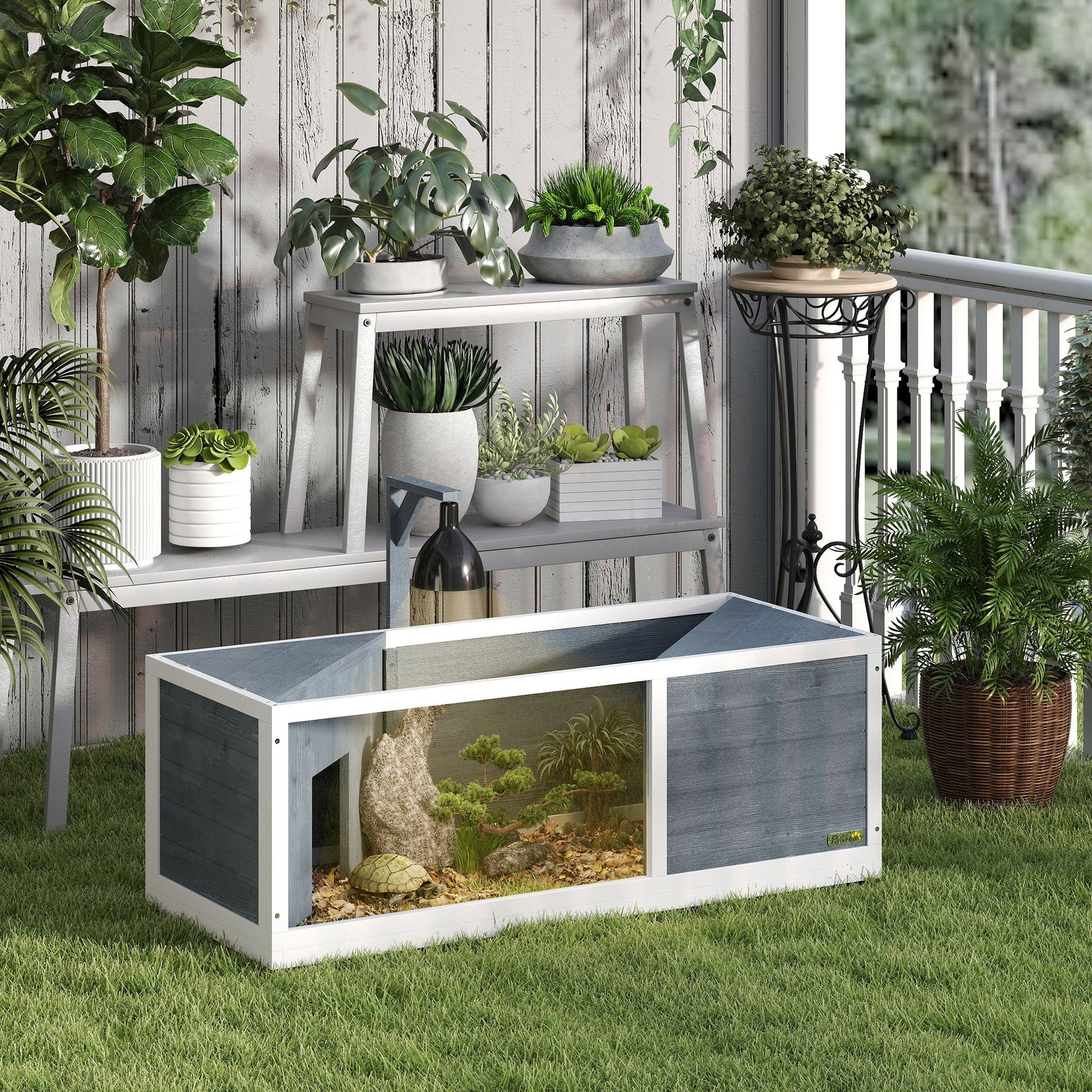 Maison pour tortues enclos avec toit ouvrant support lampe plateau fenêtre panoramique 120 x 50 x 40 cm gris